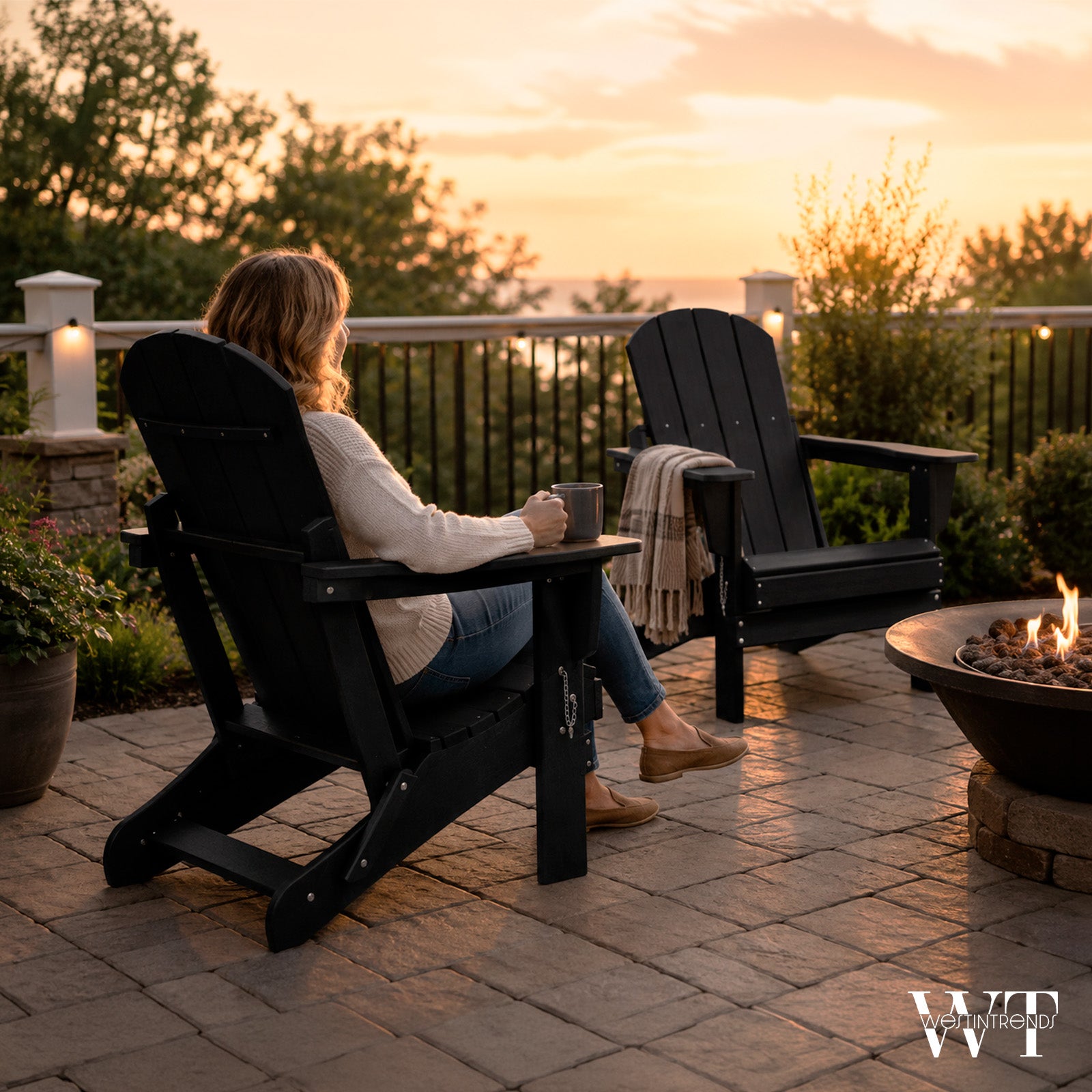 WestinTrends Malibu Classic Outdoor Patio HDPE Folding Adirondack Chair, Black