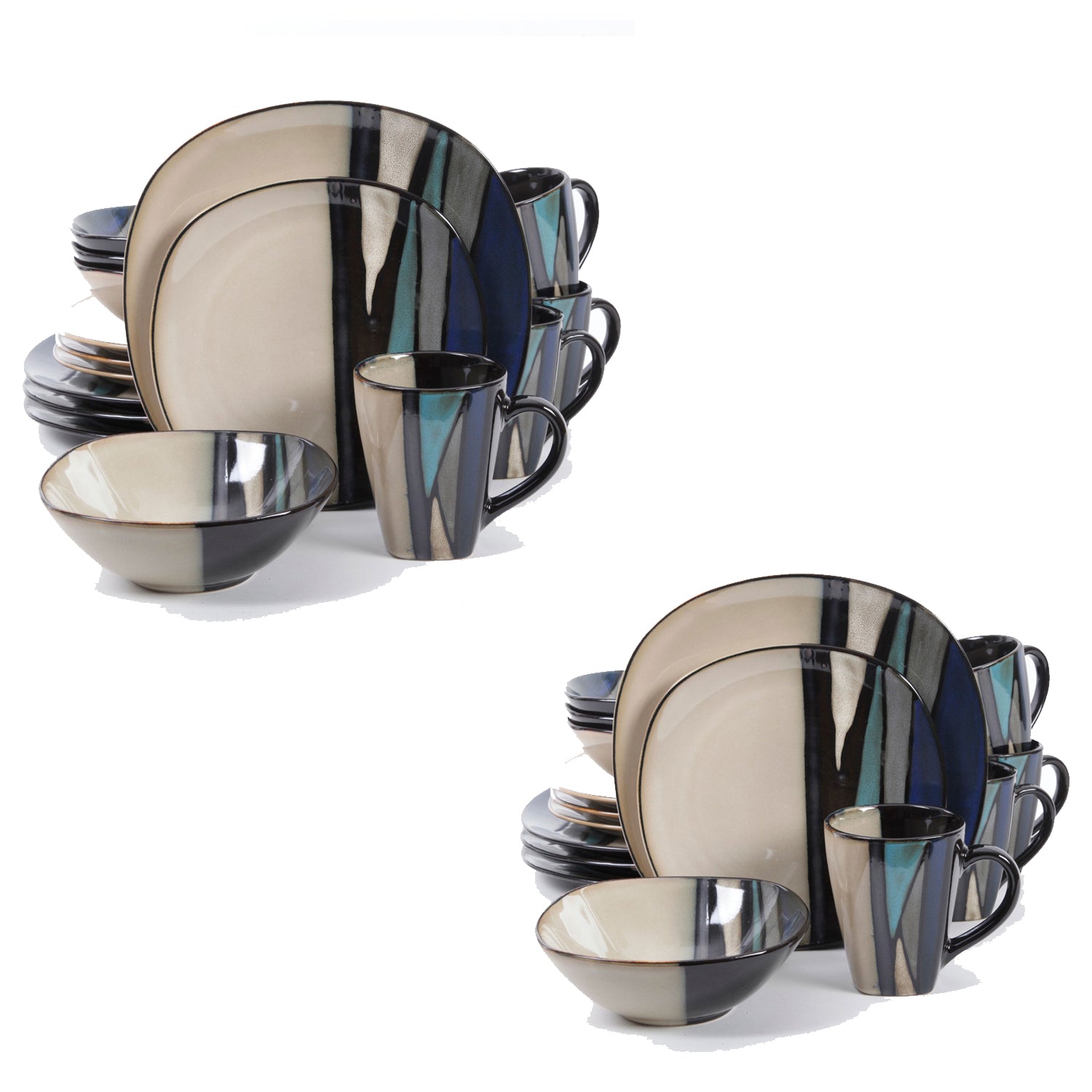 Gibson Elite 16 Piece Glazed Dinnerware Plates, Bowls, and Mugs, Teal (2 Pack) - VMInnovations