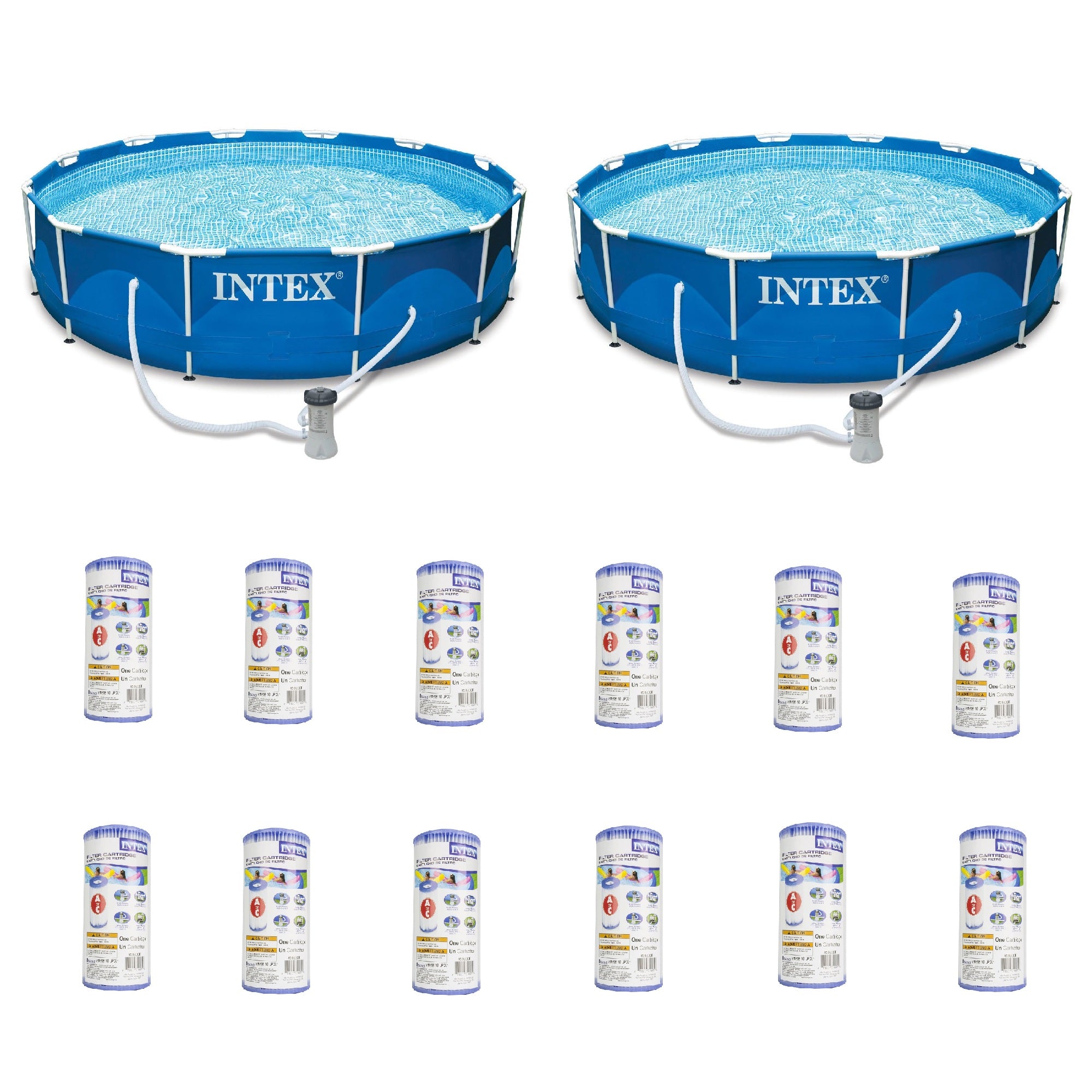 Intex 12' x 30" MetalFrame Round Pool (2 Pack) & Replacement Cartridge (12 Pack)