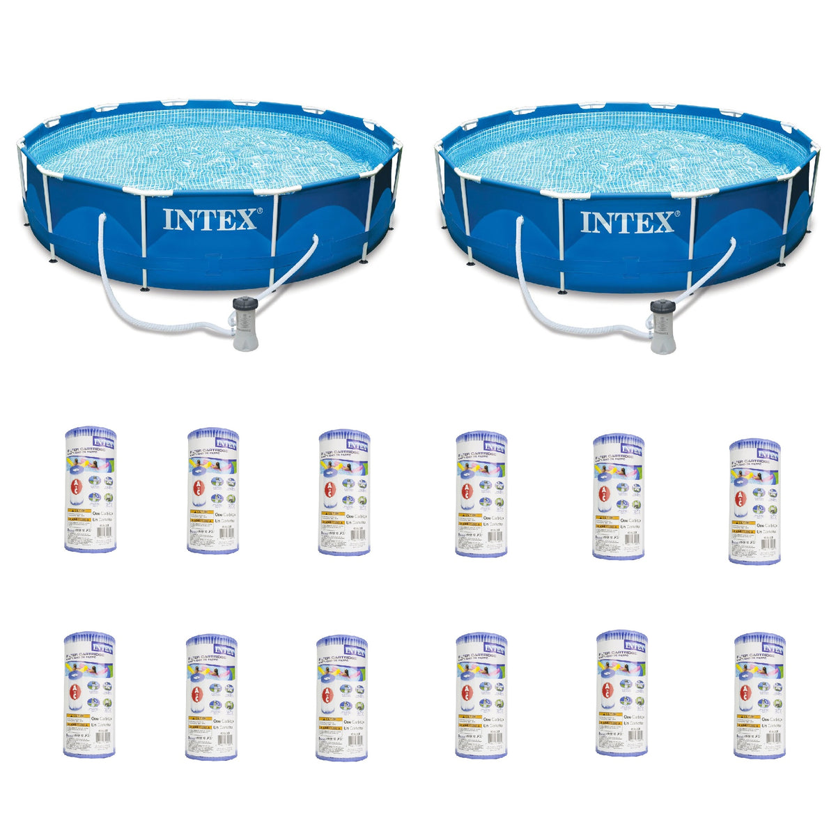 Intex 12' x 30" MetalFrame Round Pool (2 Pack) & Replacement Cartridge (12 Pack)