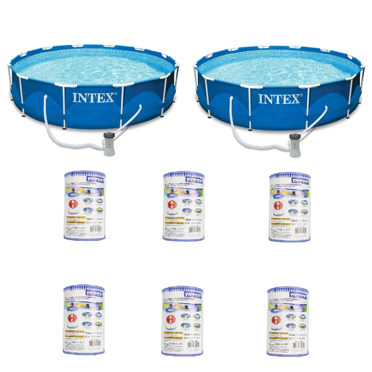 Intex 12' x 30" Metal Frame Round Pool (2 Pack) & Replacement Cartridge (6 Pack)