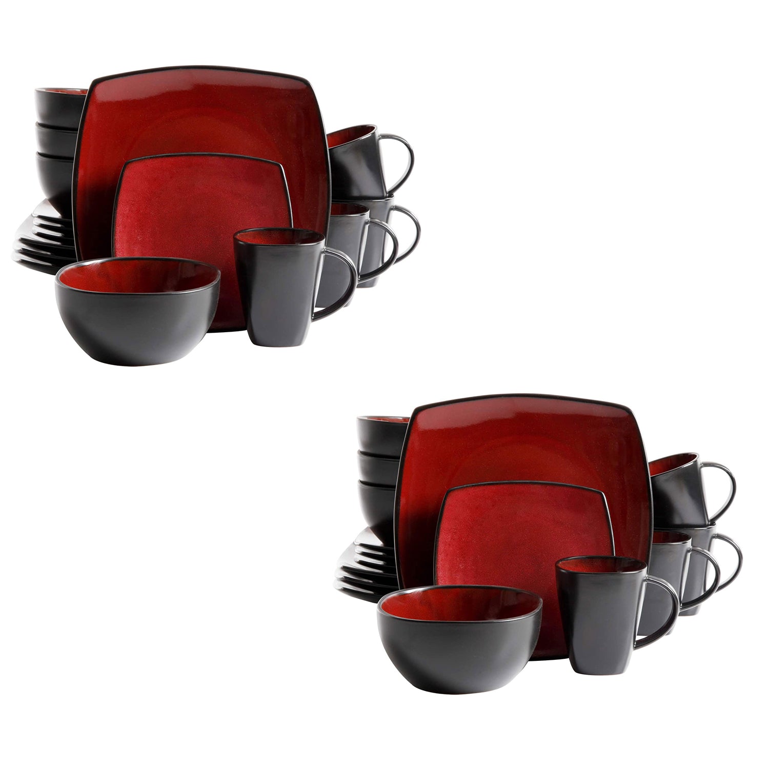 Gibson Soho Lounge 16 Piece Red Glazed Dinnerware Plates, Bowls, & Mugs (2 Pack) - VMInnovations