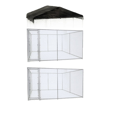 Lucky Dog 10' x 10' Chain Link Dog Kennel (2 Pack) & Waterproof Roof Cover - VMInnovations