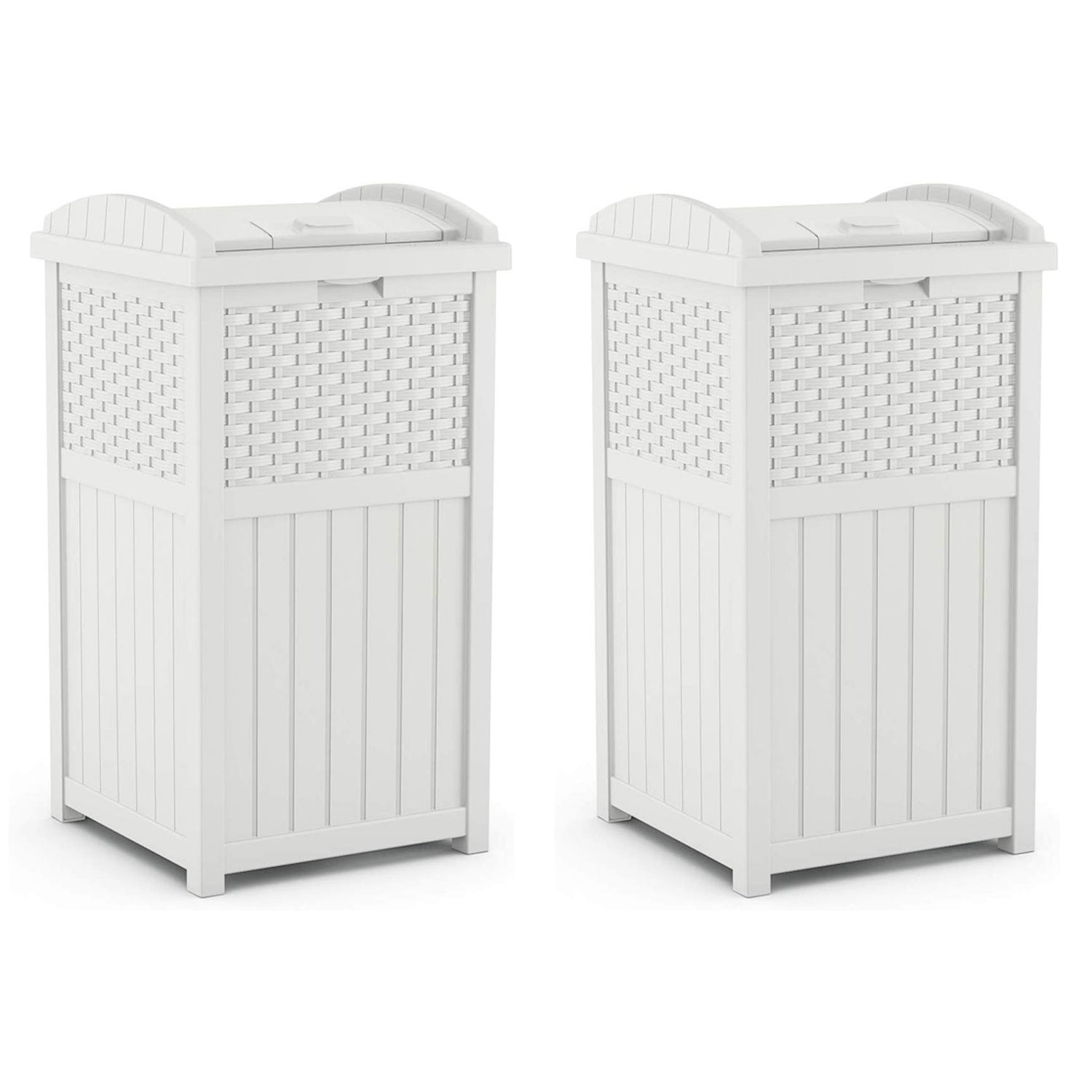 Suncast Wicker Resin Outdoor Hideaway Trash Can Bin with Latching Lid (2 Pack)