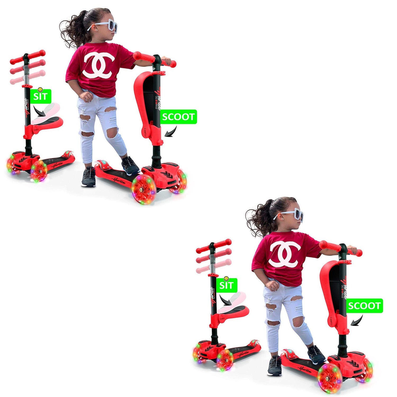 Hurtle ScootKid 3 Wheel Toddler Ride On Toy Scooter w/ LED Wheels, Red (2 Pack)