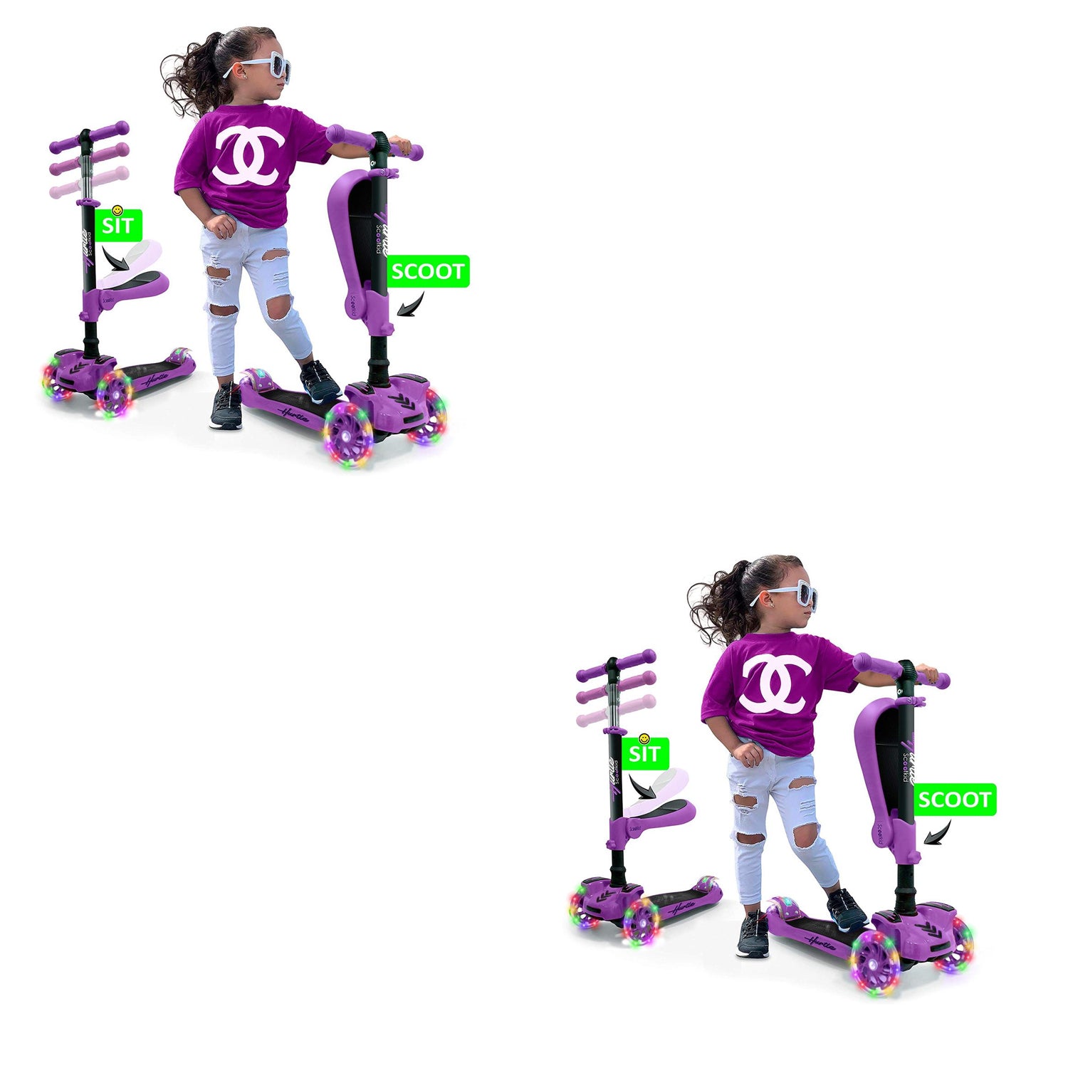 Hurtle ScootKid 3 Wheel Child Ride On Toy Scooter w/LED Wheels, Purple (2 Pack) - VMInnovations