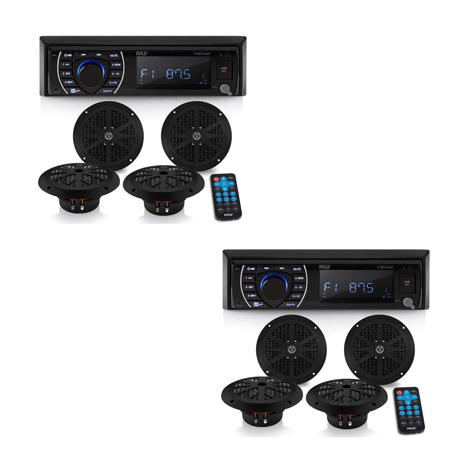 Pyle 6.5 Inch Bluetooth Marine Receiver Stereo and Speaker Kit, Black (2 Pack)