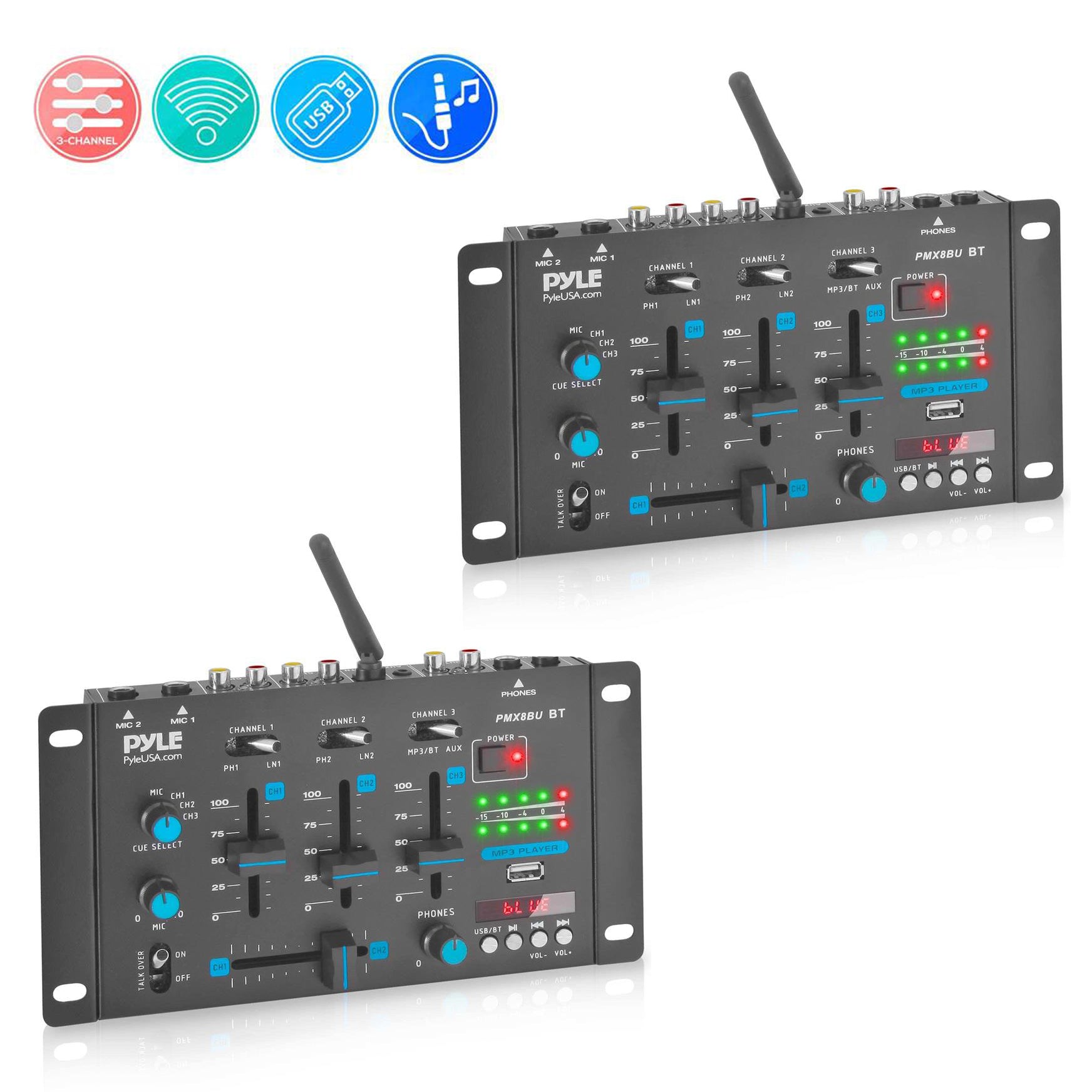 Pyle PMX8BU 3 Channel Bluetooth DJ Sound Board Mixer with Mic Talkover (2 Pack)