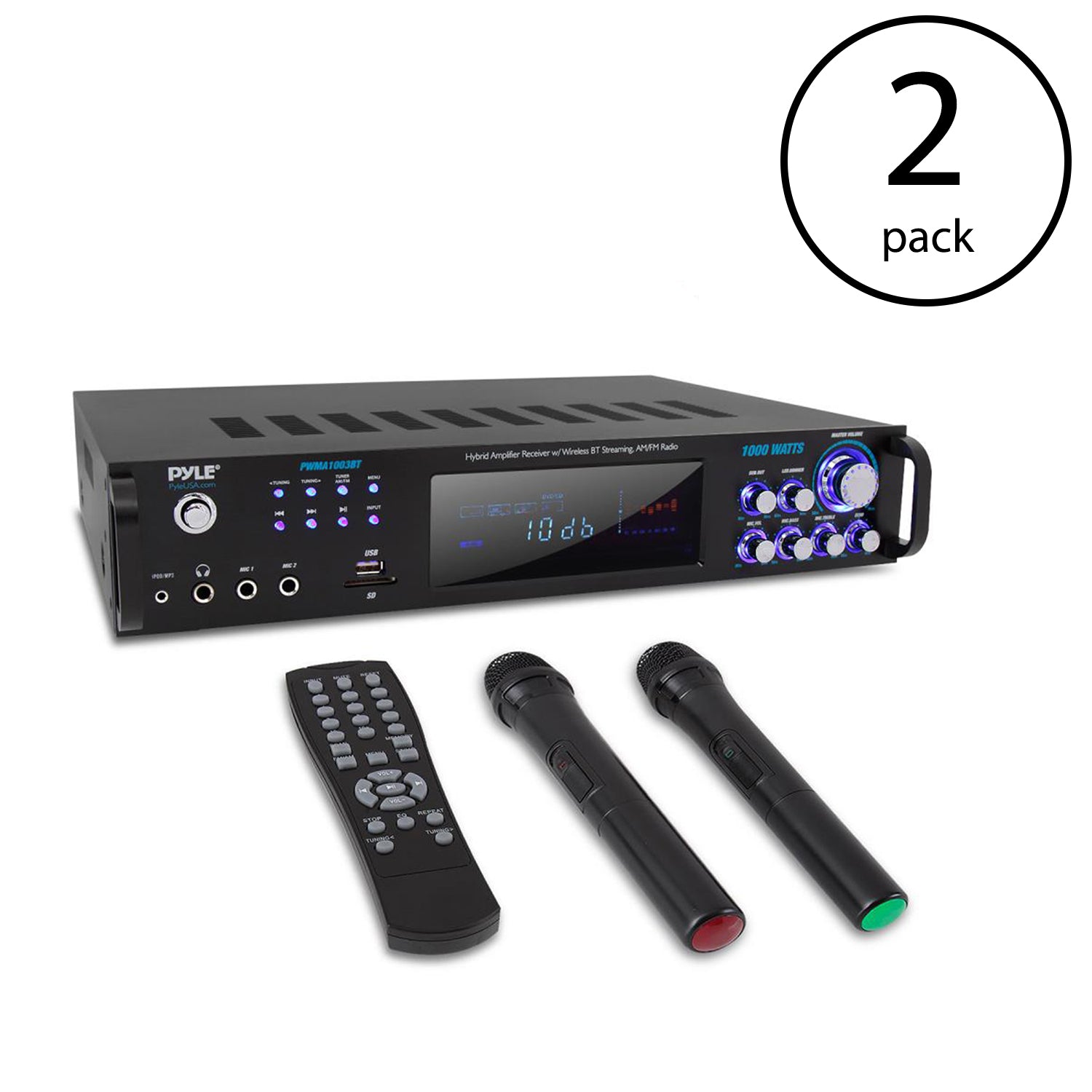Pyle PWMA1003BT 1000 Watt Bluetooth Preamplifier System w/ Microphones (2 Pack)