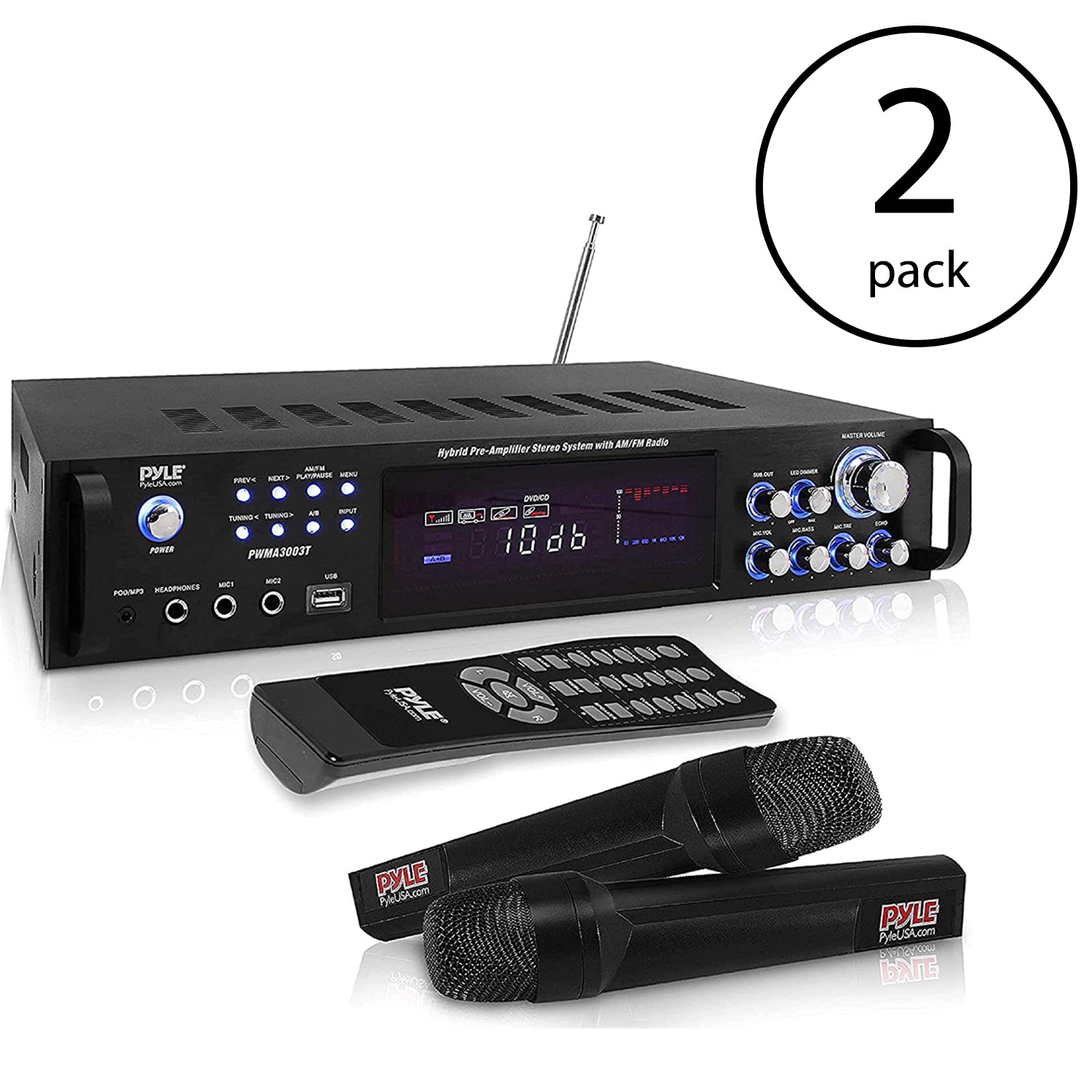 Pyle 3000W 4 Channel Bluetooth Hybrid Amplifier Receiver w/ Microphones (2 Pack)