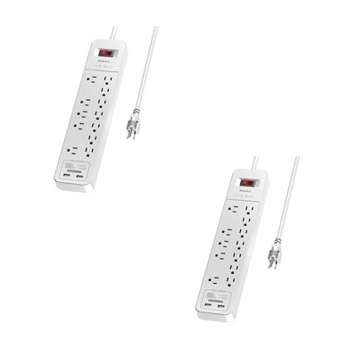 Huntkey Power Strip with 12 AC Sockets and 2 USB Charging Ports, White (2 Pack)