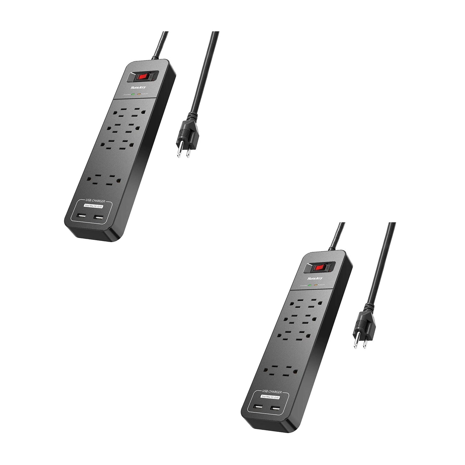 Huntkey Power Strip w/ Heavy Duty Cord, 8 Sockets, & 2 USB Ports, Black (2 Pack)