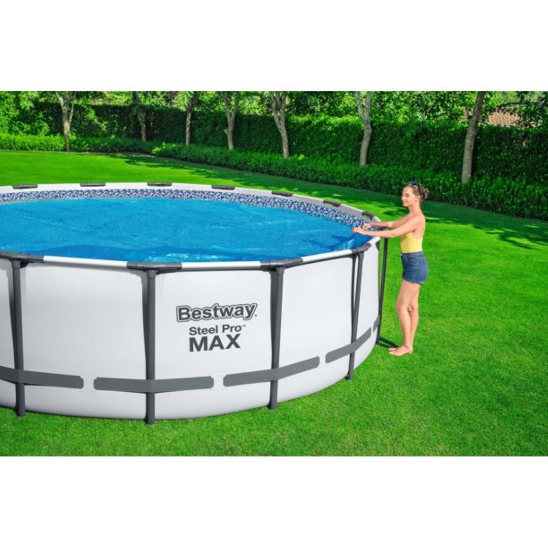 Bestway 14 Ft Round Above Ground Solar Pool Cover & FlowClear AquaScoop Skimmer - VMInnovations