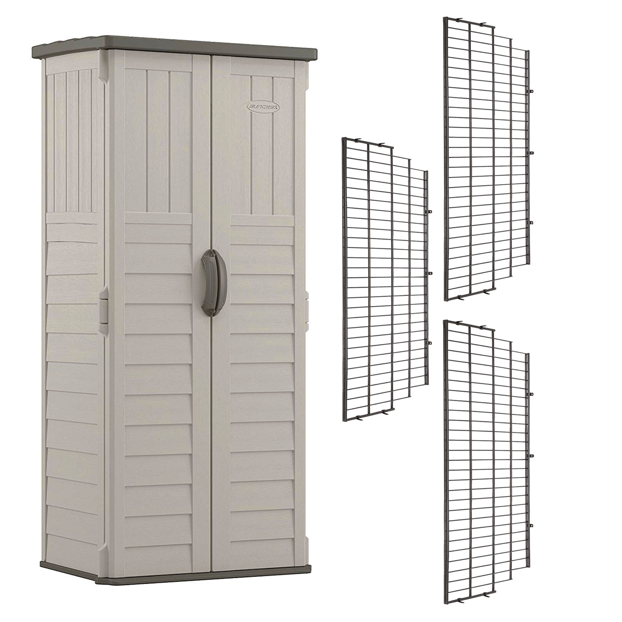 Suncast Vertical Storage Shed Bundled w/ Metal Wire Shelf Rack Shelving (3 Pack)