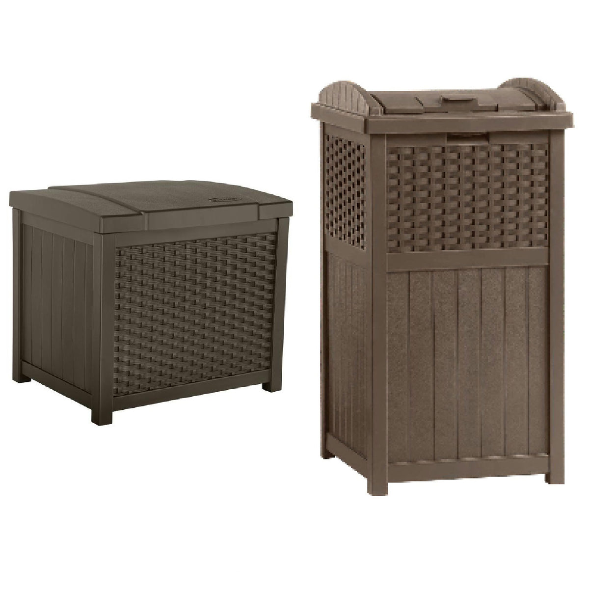 Suncast 22 Gallon Storage Deck Box & Seat w/ Trash Hideaway 33 Gallon Capacity