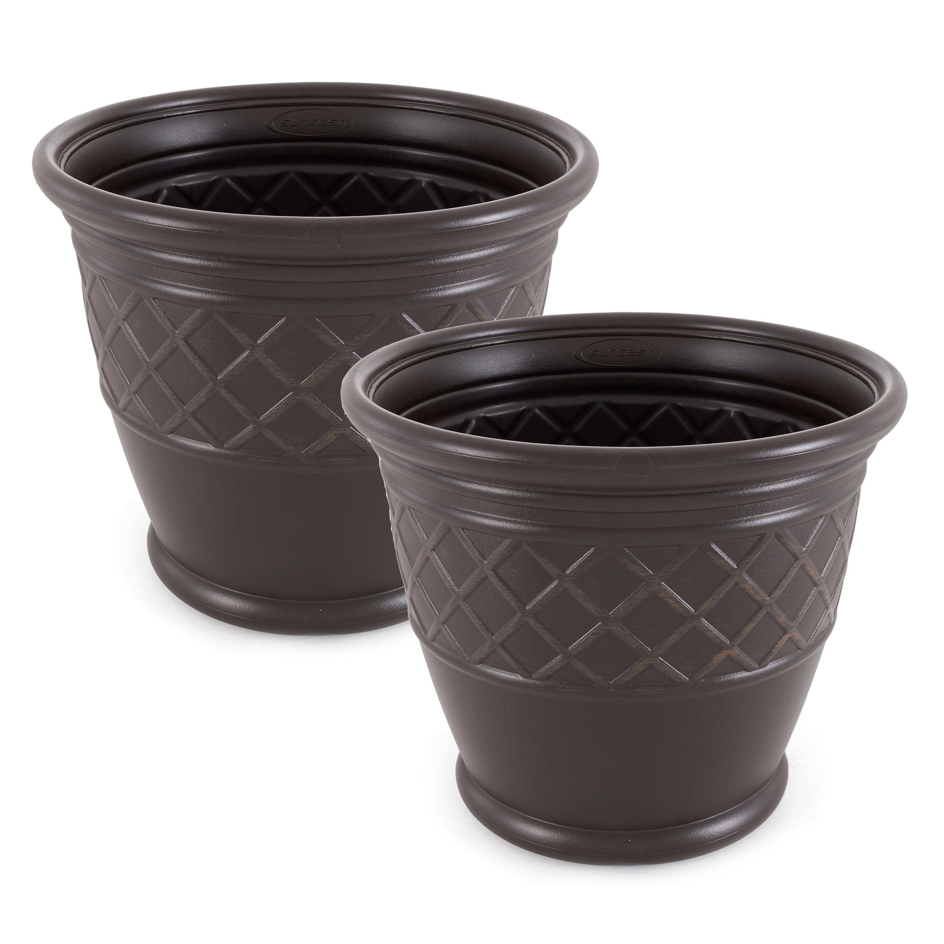 Suncast Atlin 18 Inch Resin Round Decorative Flower Pot Planter, Java (2 Pack) - VMInnovations