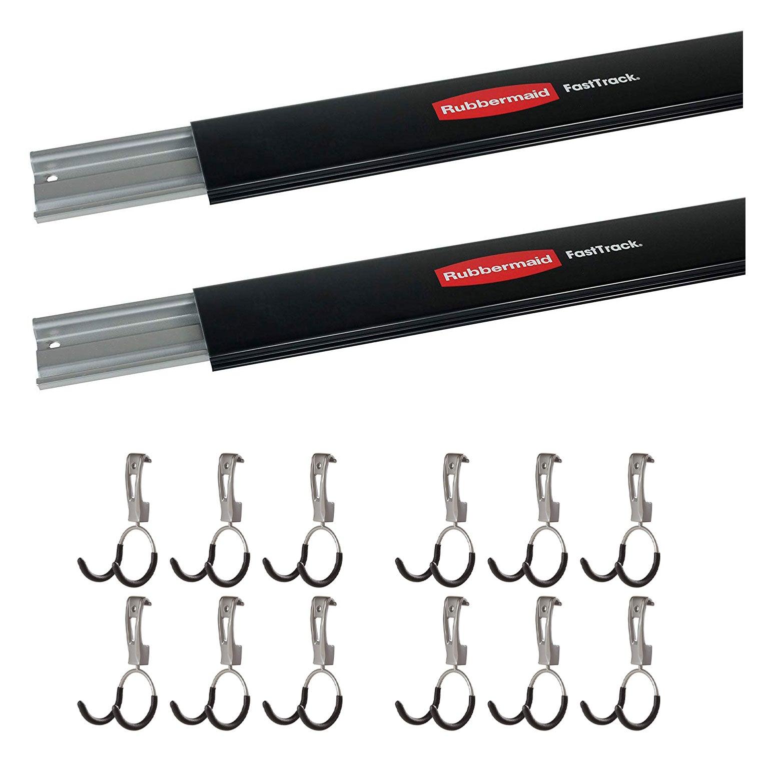 Rubbermaid 48 Inch Wall Storage Rail (2 Pack) & Hanging Garage Hook (12 Pack) - VMInnovations