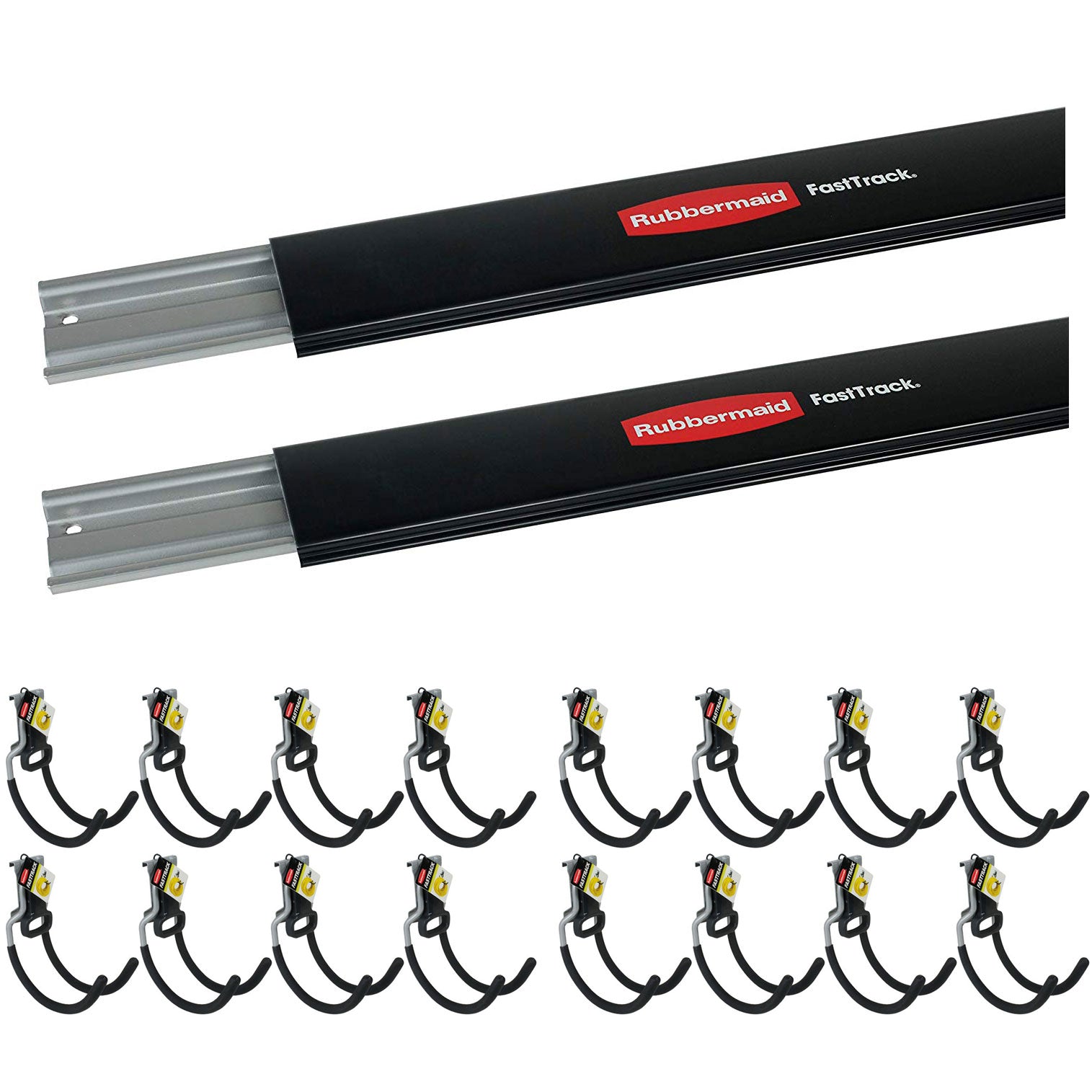 Rubbermaid Fast Track Wall Mount Storage Rail (2 Pack) & Utility Hooks (16 Pack) - VMInnovations