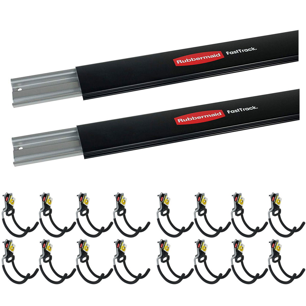 Rubbermaid Fast Track Wall Mount Storage Rail (2 Pack) & Utility Hooks (16 Pack)