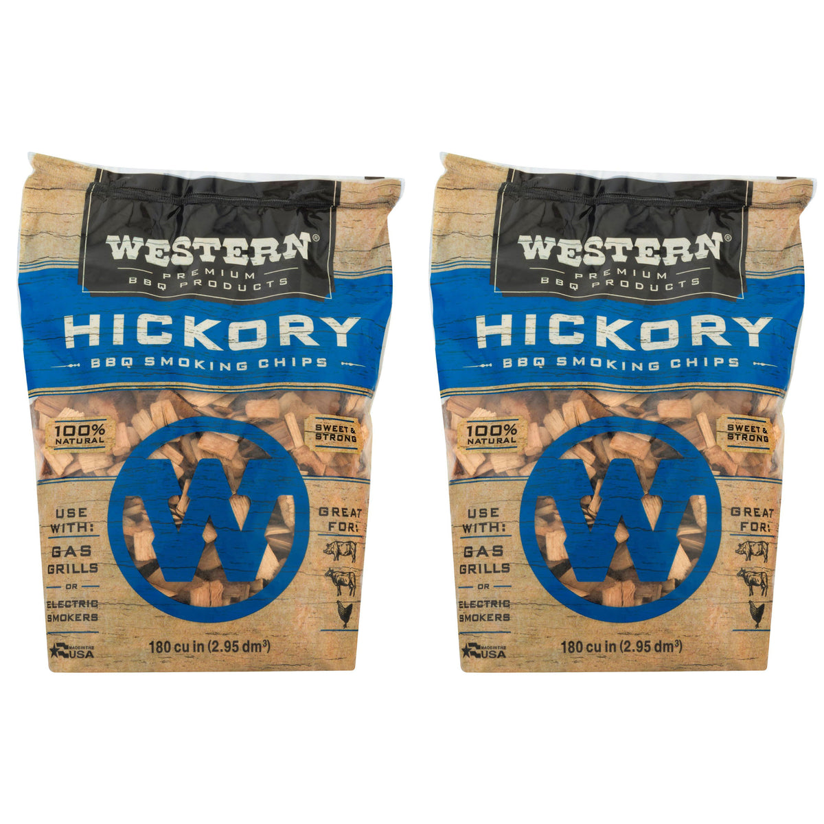 Western Premium BBQ 180 Cu In Hickory BBQ Grilling Smoking Wood Chips (2 Pack)