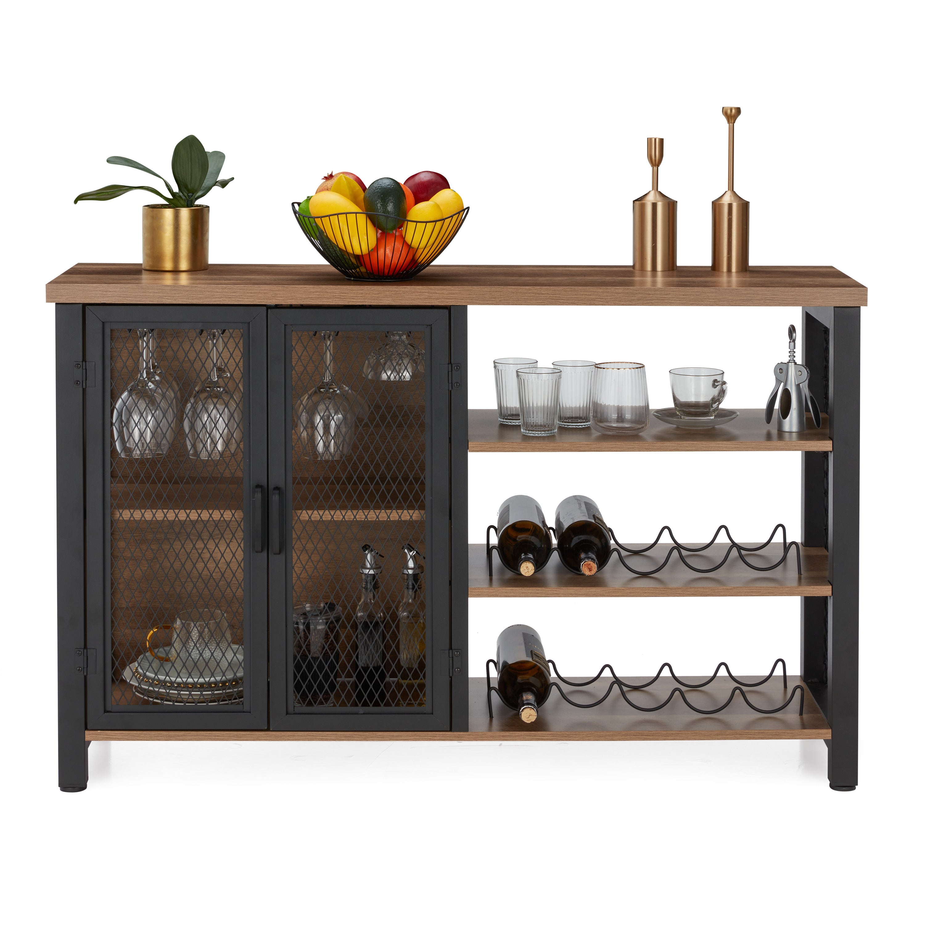 Industrial Rustic Bar Cabinet with Stemware & Wine Rack, Vintage Oak (For Parts) - VMInnovations