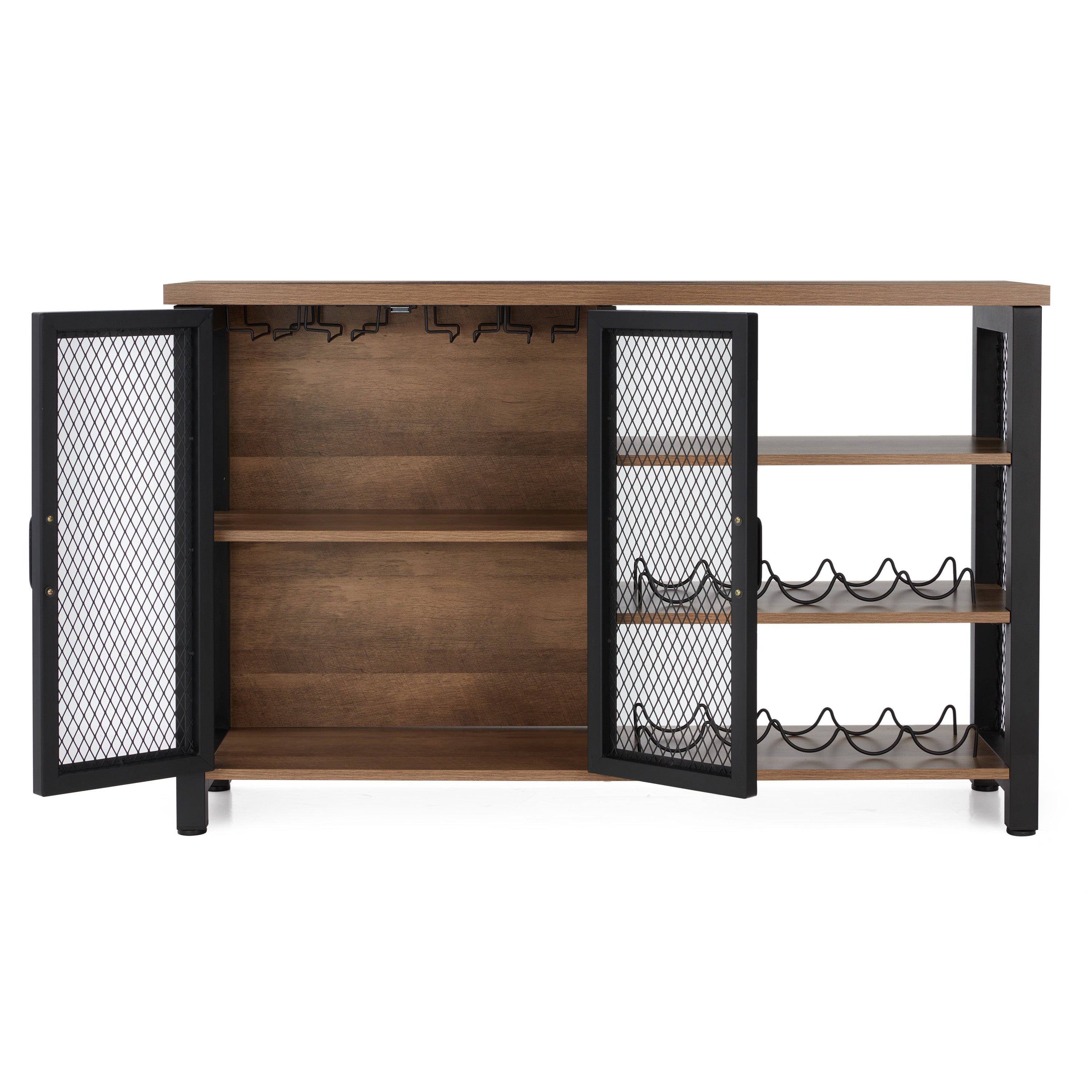 Industrial Rustic Bar Cabinet with Stemware & Wine Rack, Vintage Oak (For Parts) - VMInnovations
