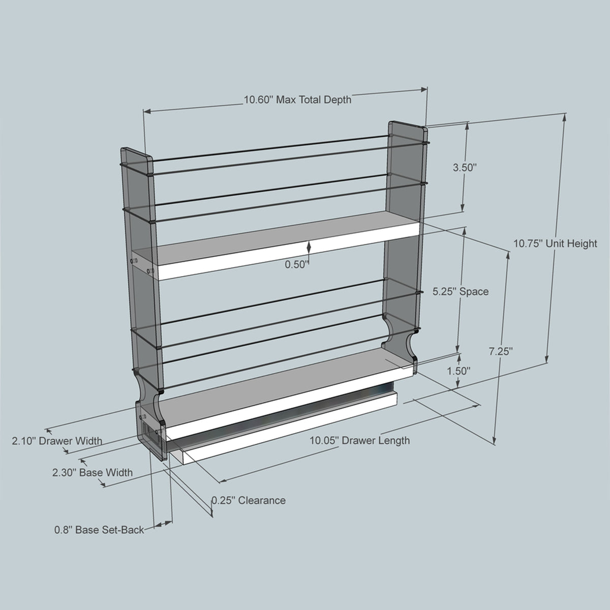 Vertical Spice 10.6" x 2.3" x 10.75" Cabinet Mount 2-Tier Spice Drawer, Cream
