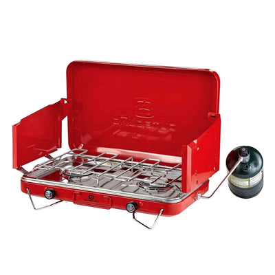 Outbound Double Burner Portable Propane Camping Stove with Storage Case, Red