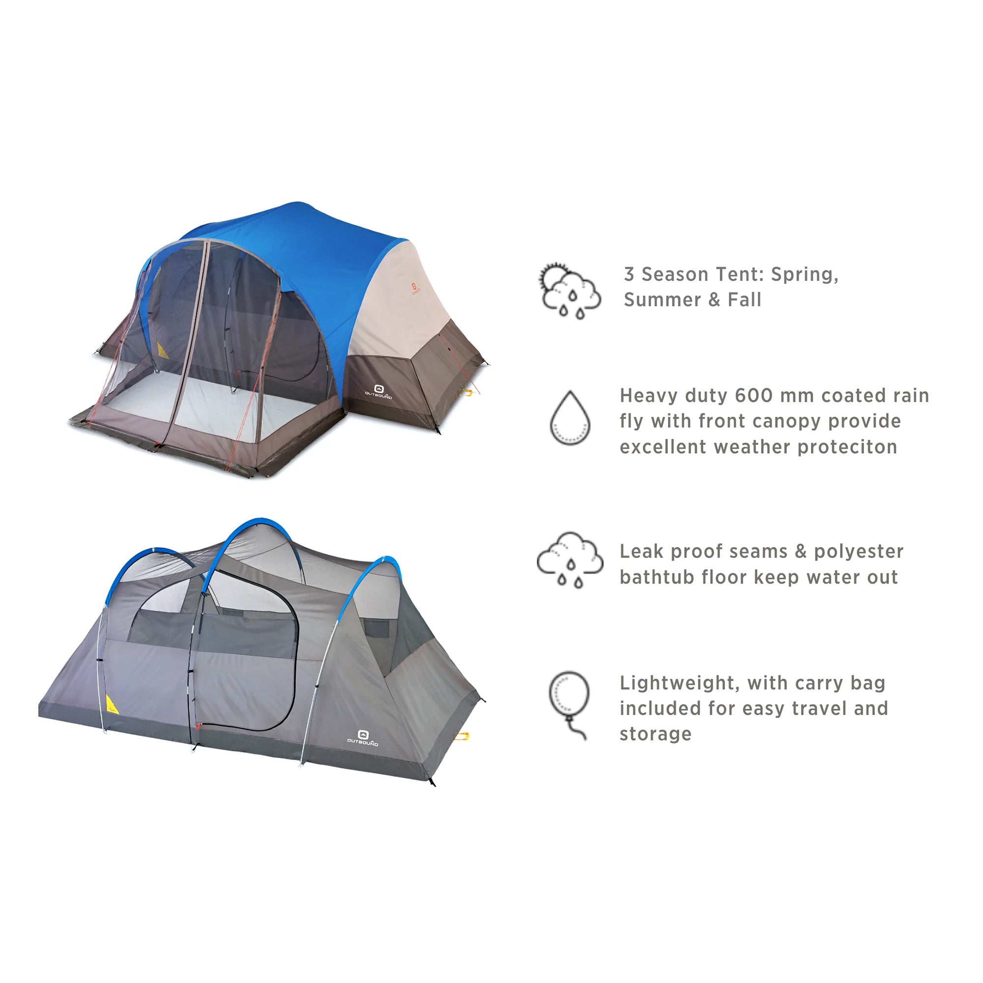 Outbound 8 Person 3 Season Easy Up Camping Dome Tent with Rainfly & Porch, Blue - VMInnovations