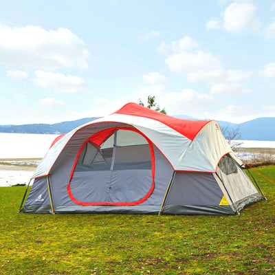 Outbound 8 Person 3 Season Easy Up Camping Dome Tent with Rainfly & Bag, Red