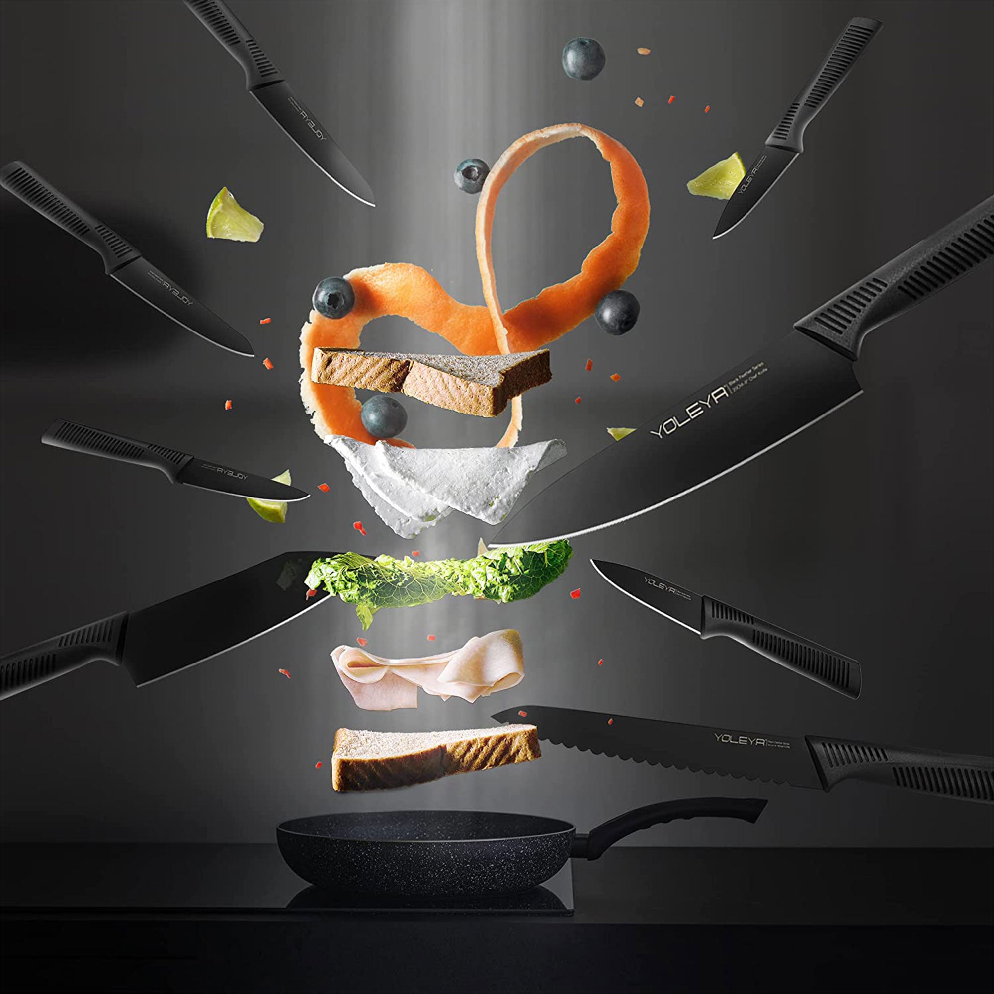 YOLEYA 15Pc Kitchen Steel Knife Set w/ Block and Non Stick Coating (Open Box) - VMInnovations