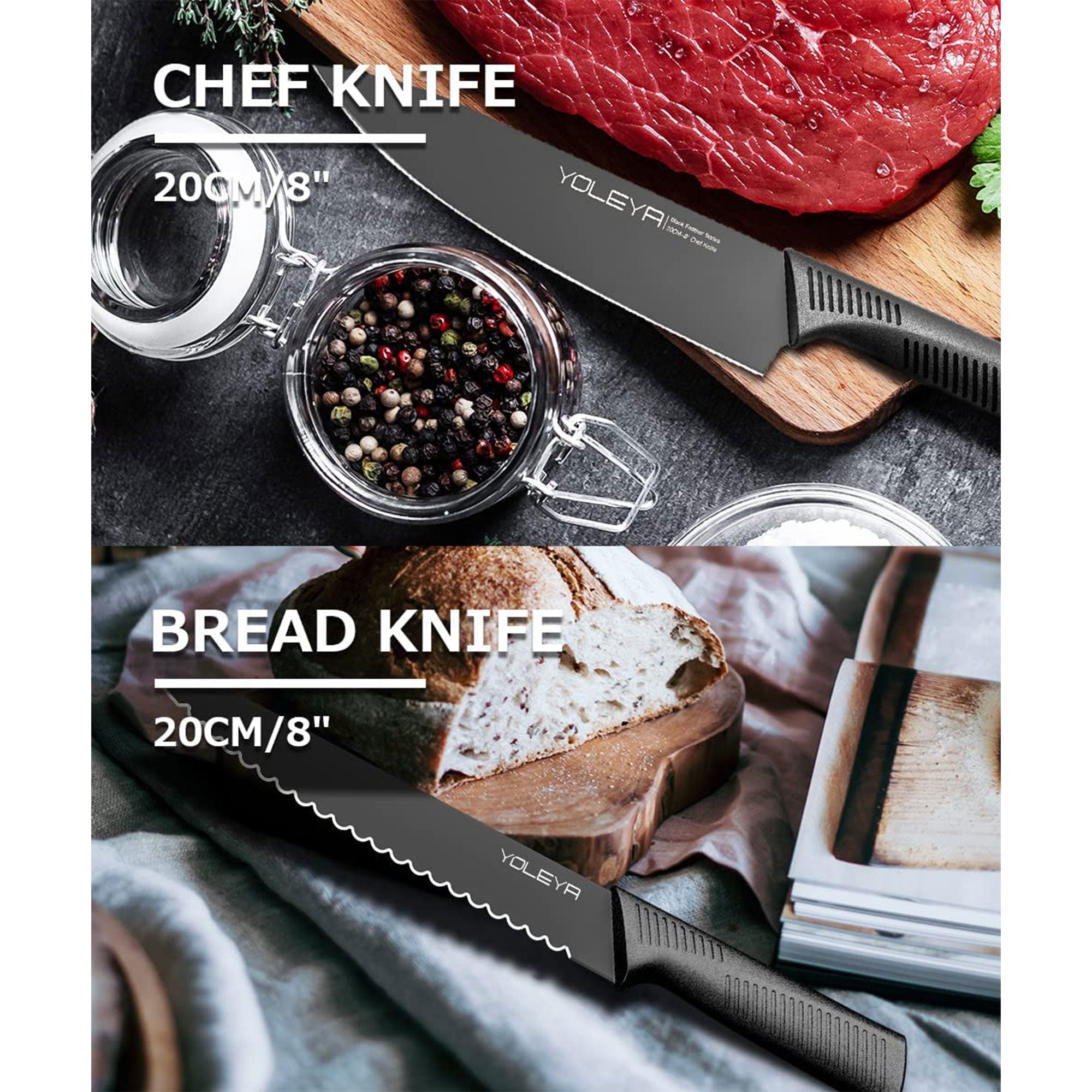 YOLEYA 15Pc Kitchen Steel Knife Set w/ Block and Non Stick Coating (Open Box) - VMInnovations