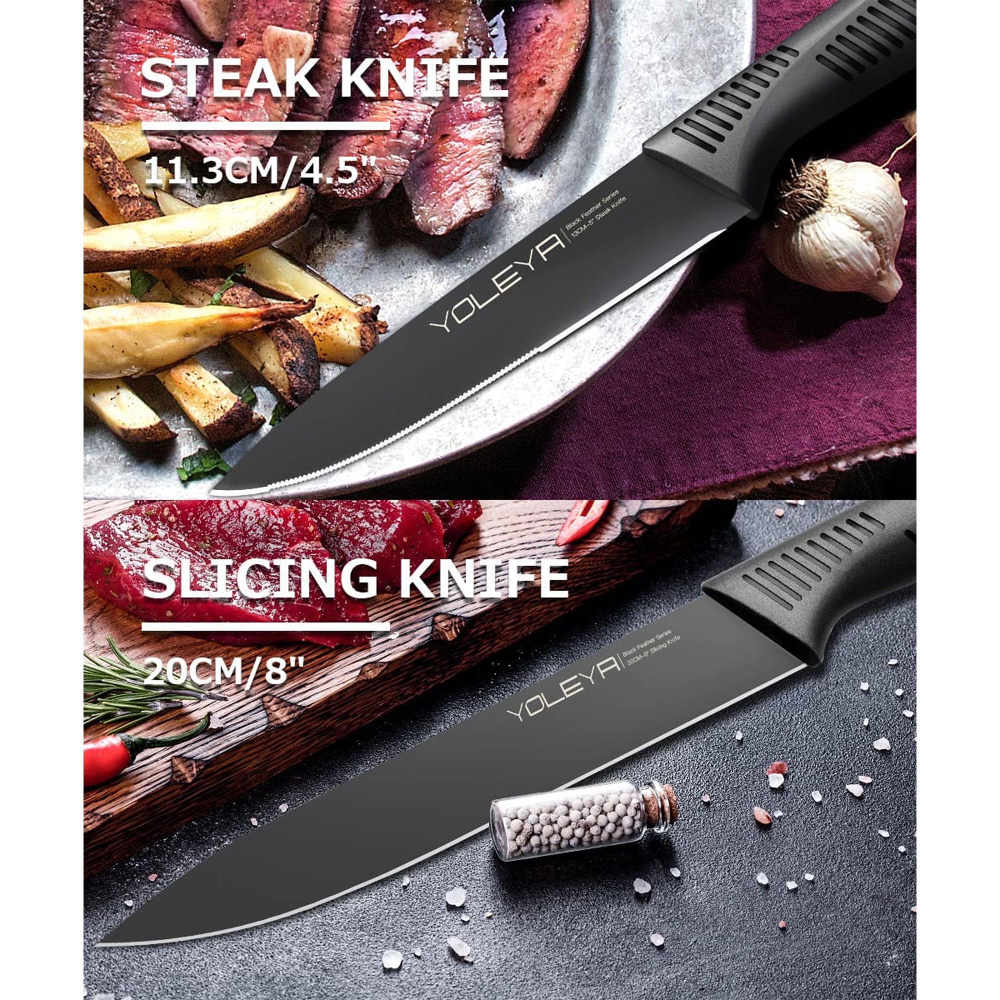 YOLEYA 15Pc Kitchen Steel Knife Set w/ Block and Non Stick Coating (Open Box) - VMInnovations