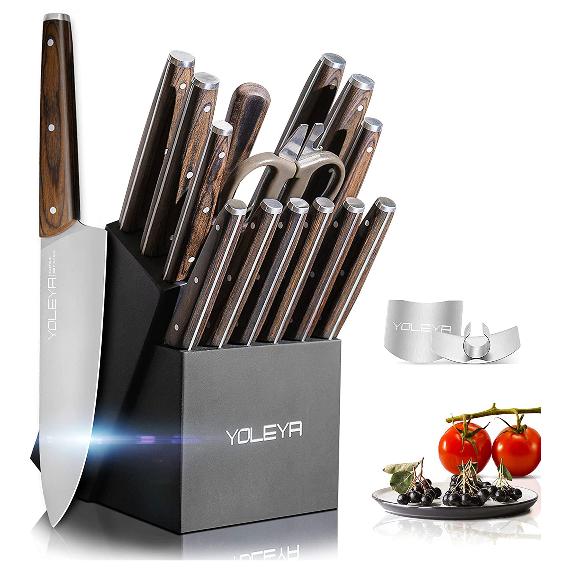 YOLEYA 15 pc Kitchen Stainless Steel Knife Set with Storage Block, Brown (Used) - VMInnovations