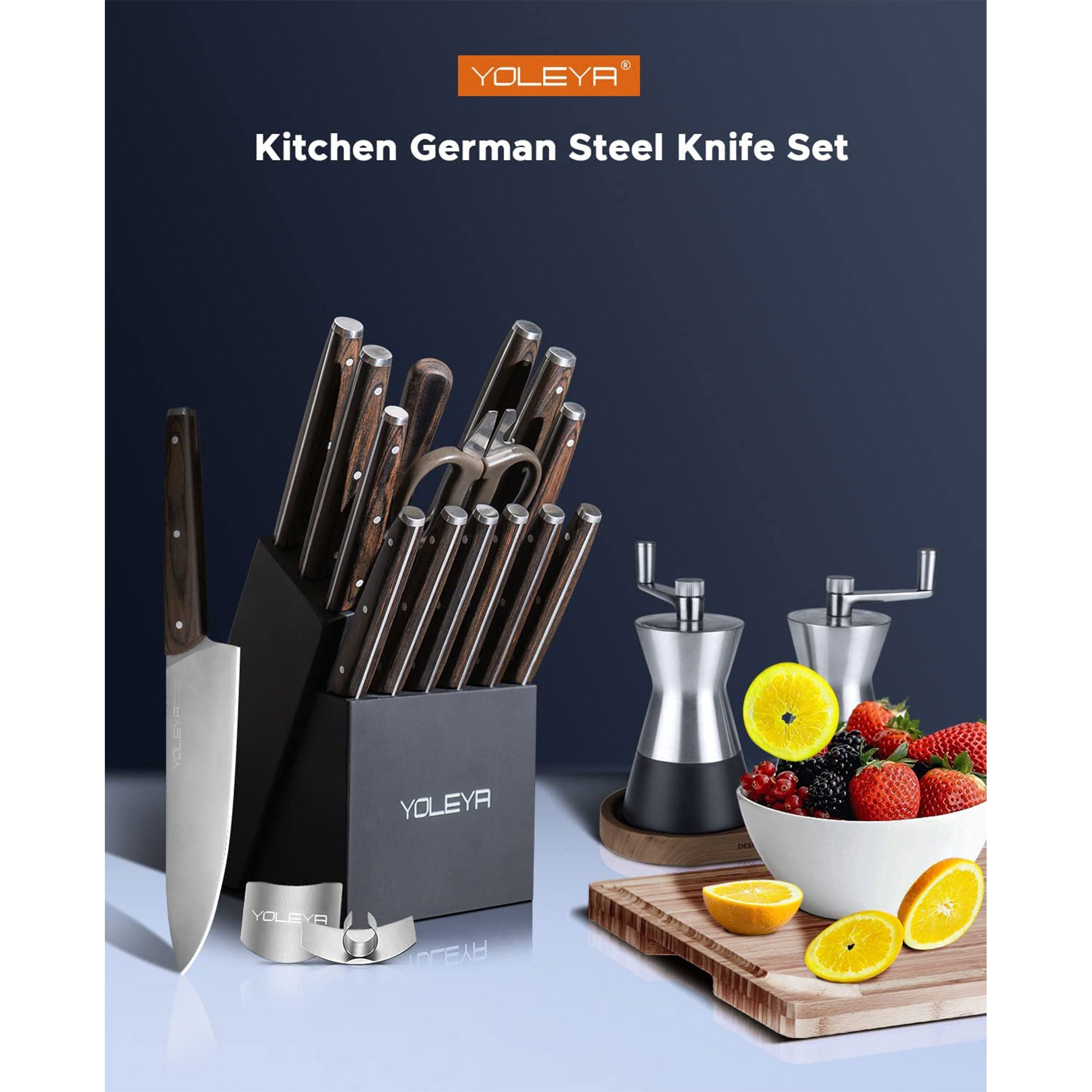 YOLEYA 15 pc Kitchen Stainless Steel Knife Set with Storage Block, Brown (Used) - VMInnovations