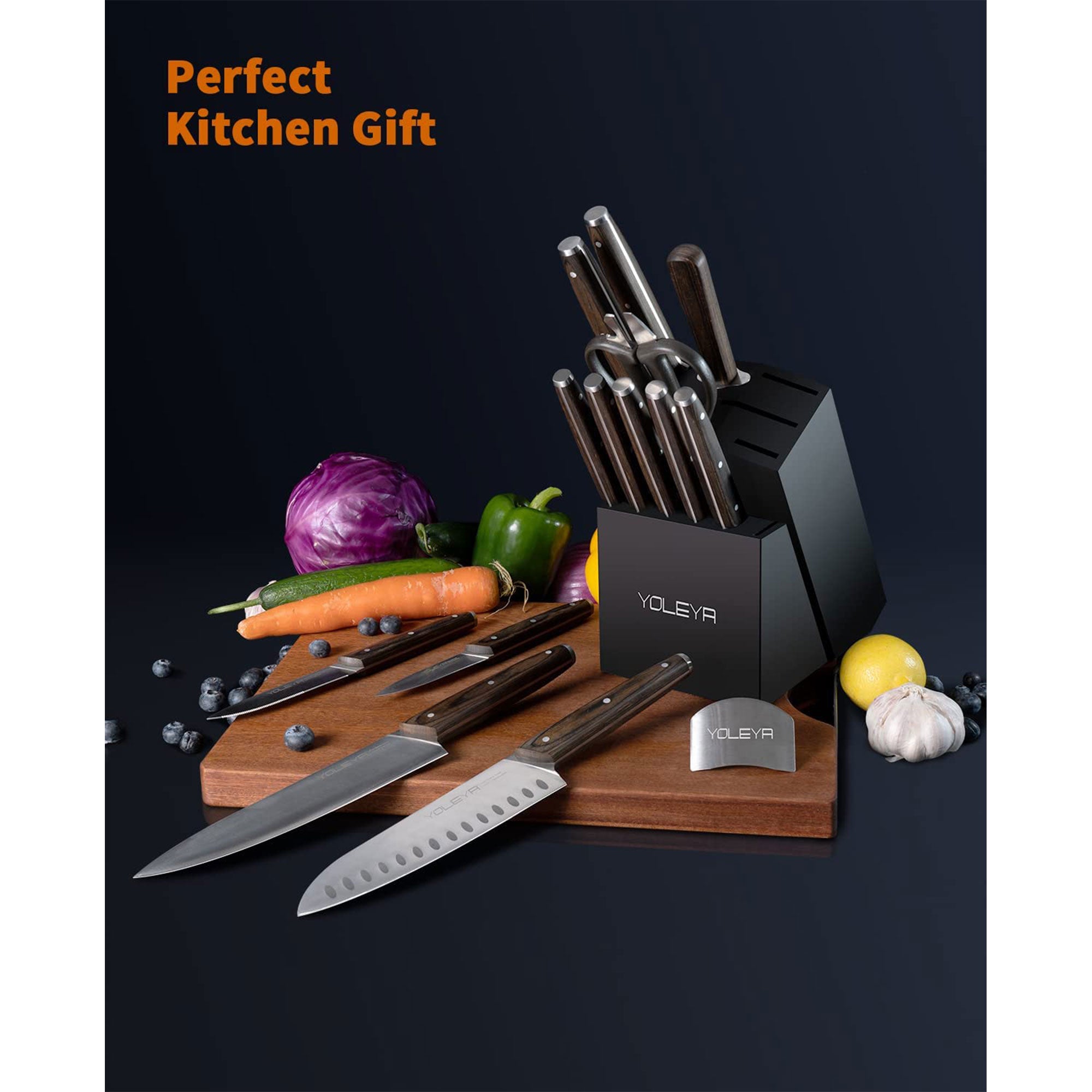 YOLEYA 15 pc Kitchen Stainless Steel Knife Set with Storage Block, Brown (Used) - VMInnovations