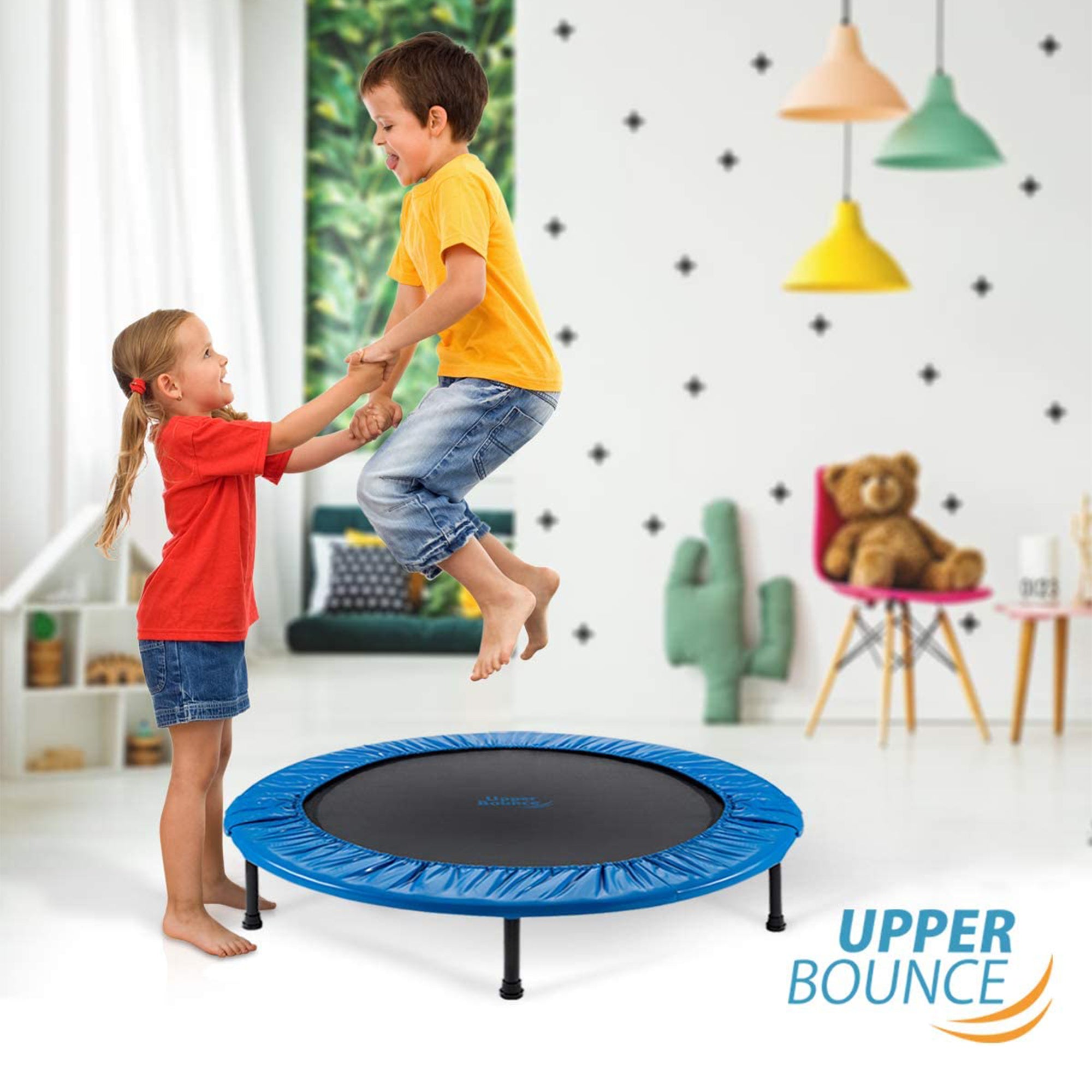 Upper Bounce 40-In Round Foldable Rebounder Fitness Trampoline w/ Adjustable Bar - VMInnovations