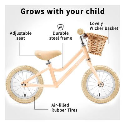 Petimini 12 Inch Kids Beginner Balance Bike with Basket for 2-6 Year Olds, Peach