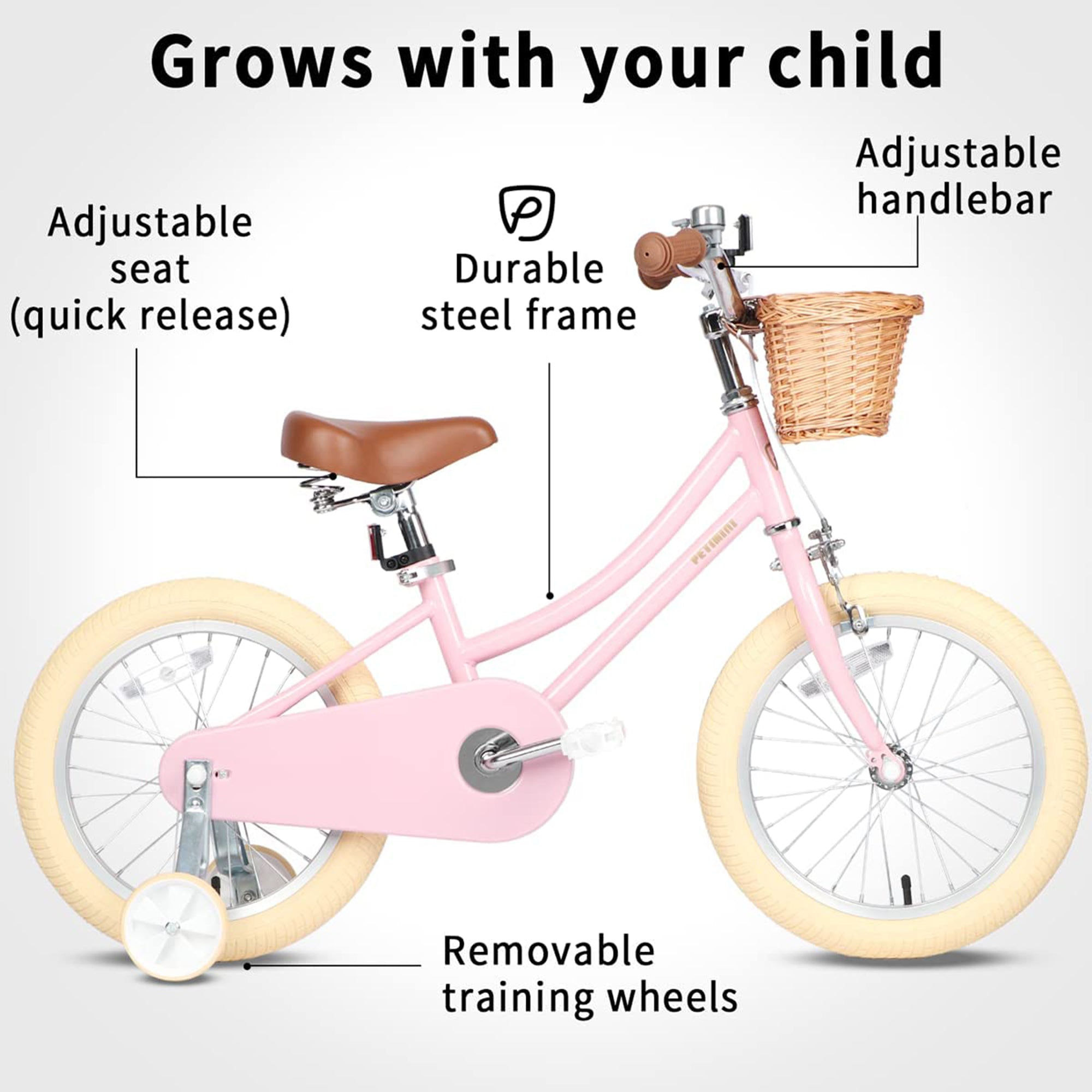 Petimini 18" Child Bicycle with Basket, Bell, and Training Wheels, Pink (Used) - VMInnovations
