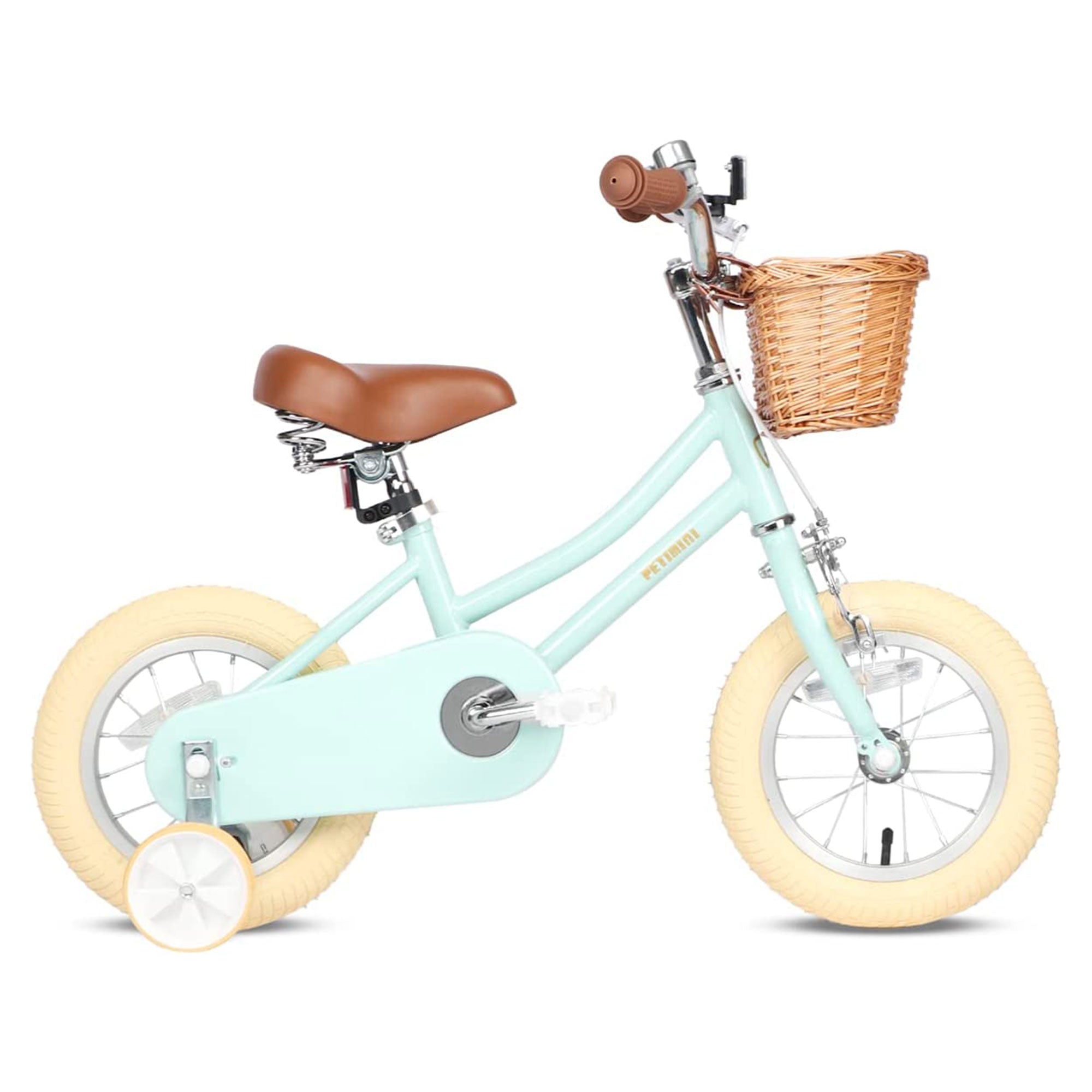 Petimini 14" Child Bicycle with Basket, Bell, and Training Wheels, Mint (Used) - VMInnovations