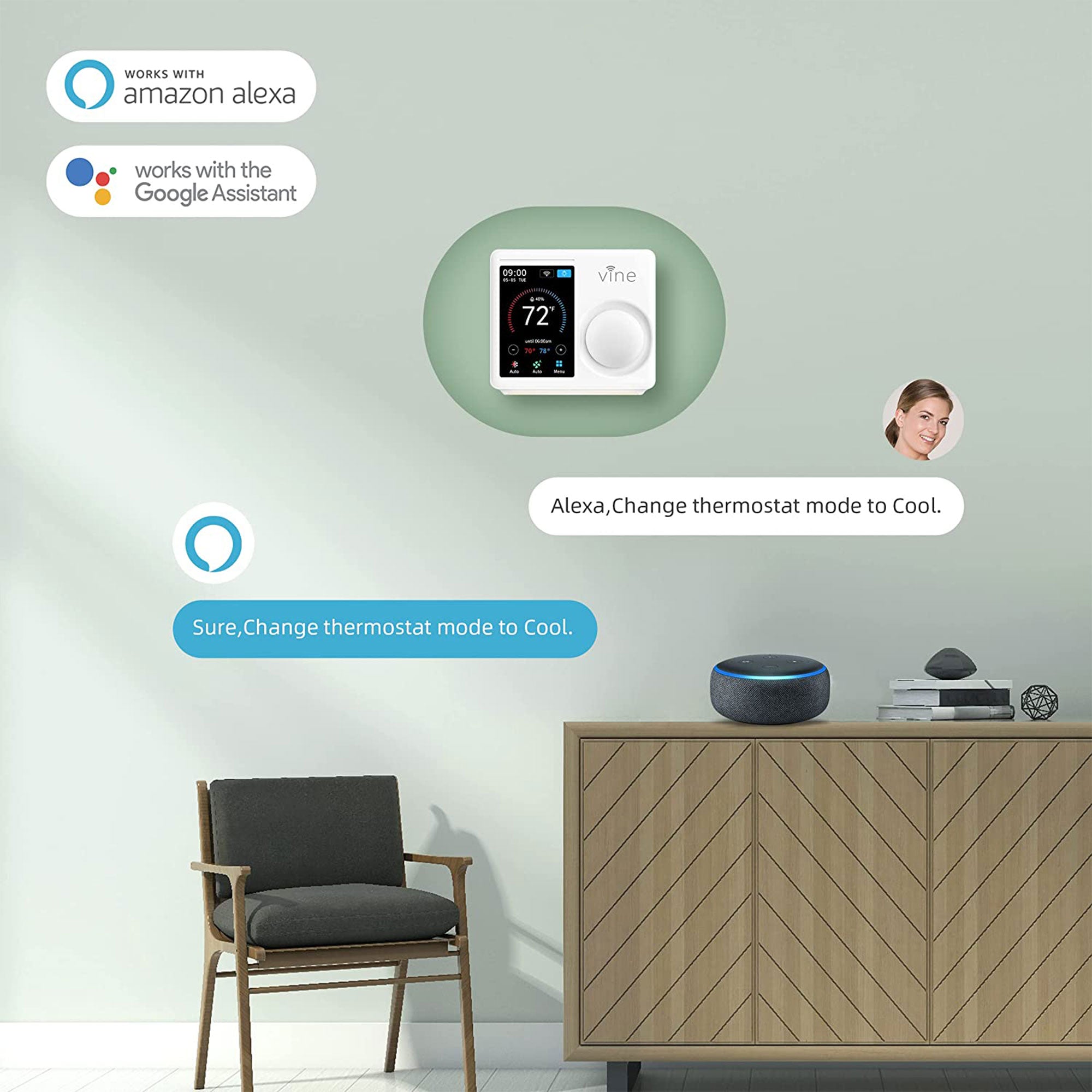Vine Wi Fi 7 Day and 8 Period Programmable Smart Home Thermostat, 5th Gen - VMInnovations