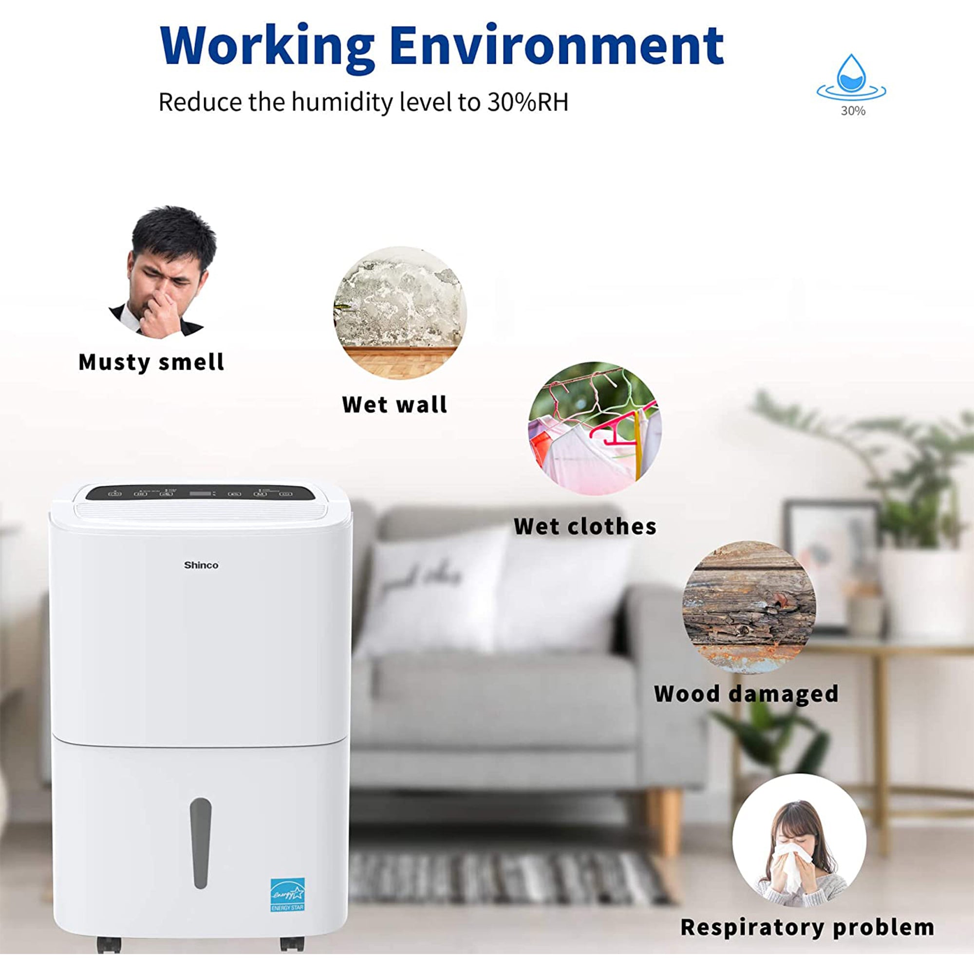 Shinco SDZ1-30P 1500 Square Feet Portable Home Dehumidifier, 30 Pints, White