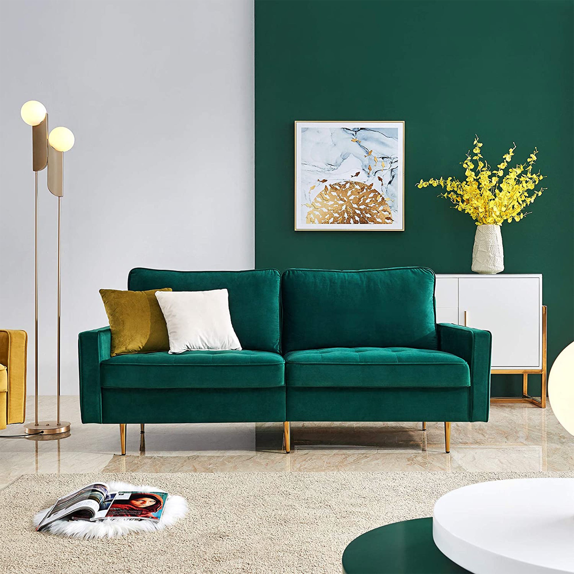 JULYFOX Mid Century Modern Button Tufted Velvet Loveseat Sofa Couch, Green