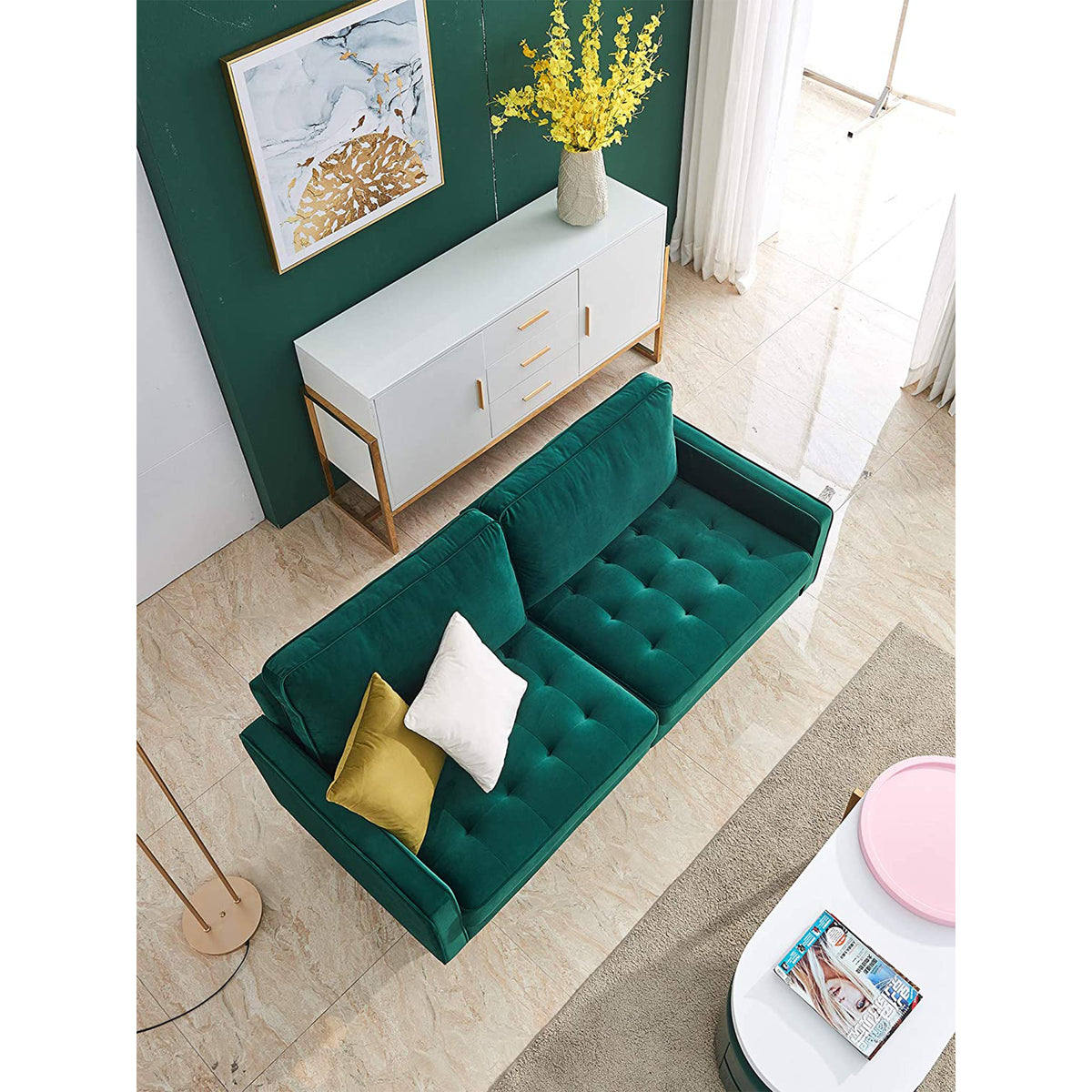 JULYFOX Mid Century Modern Button Tufted Velvet Loveseat Sofa Couch, Green