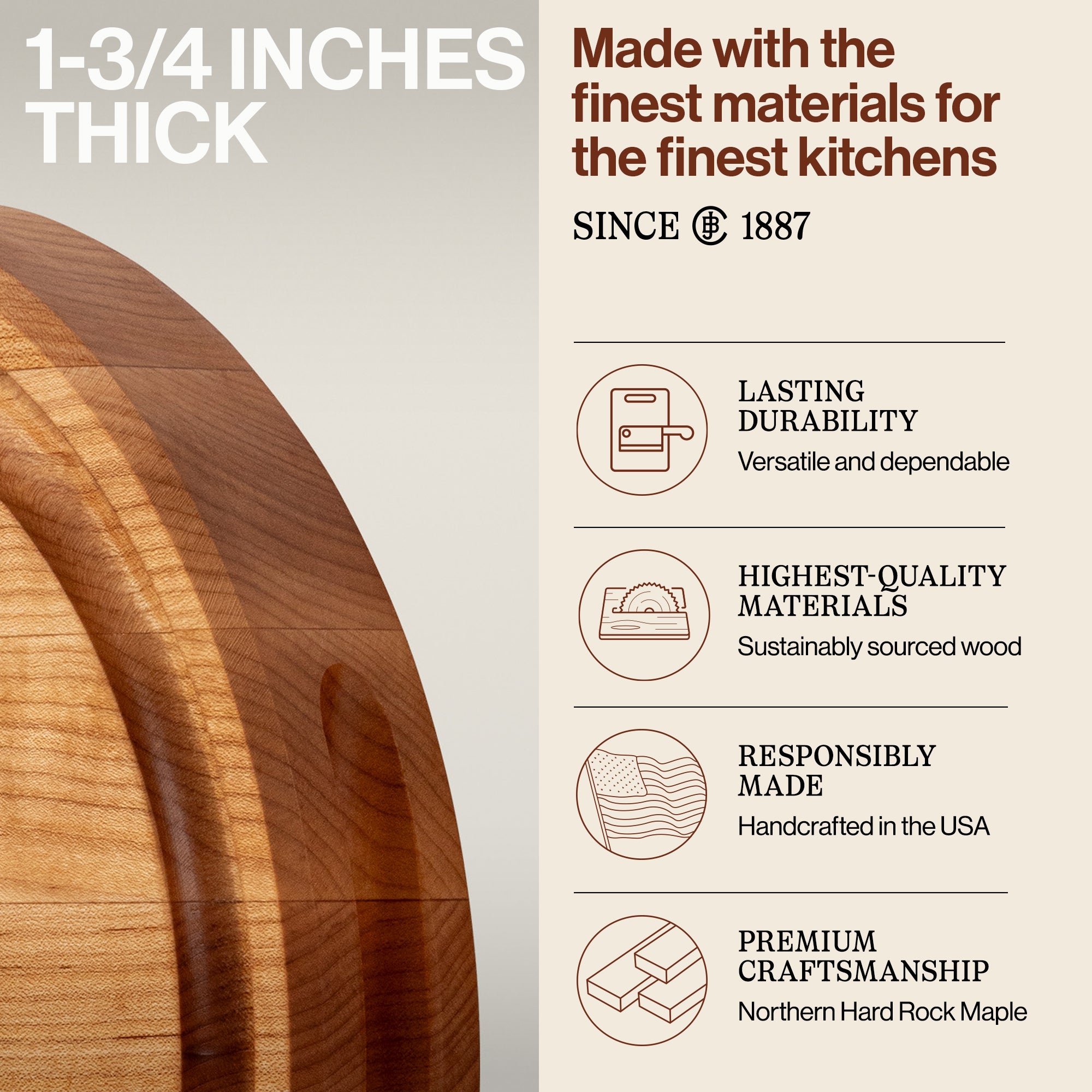 John Boos Round Maple Wood Cutting Board with Juice Groove, 12" x 12" x 1.75"
