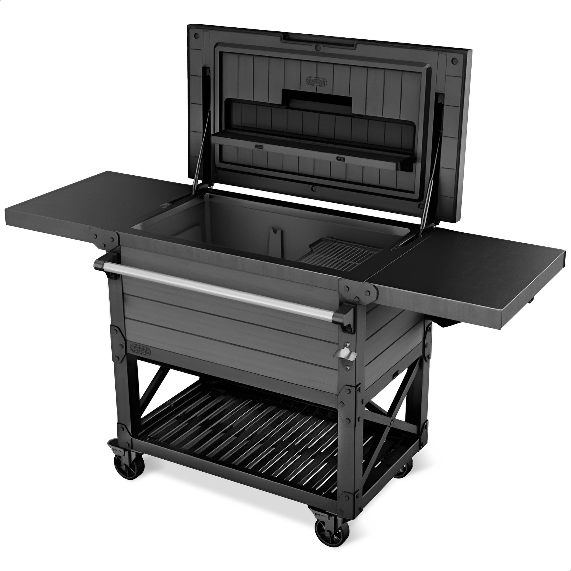Keter Outdoor Patio Cooling Chest, 89.8 Qt Beverage Bar Cart w/ Wheels, Graphite