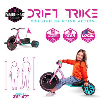 Madd Gear Drift Trike with Adjustable Seat for Boys and Girls 5 and Up, Pink