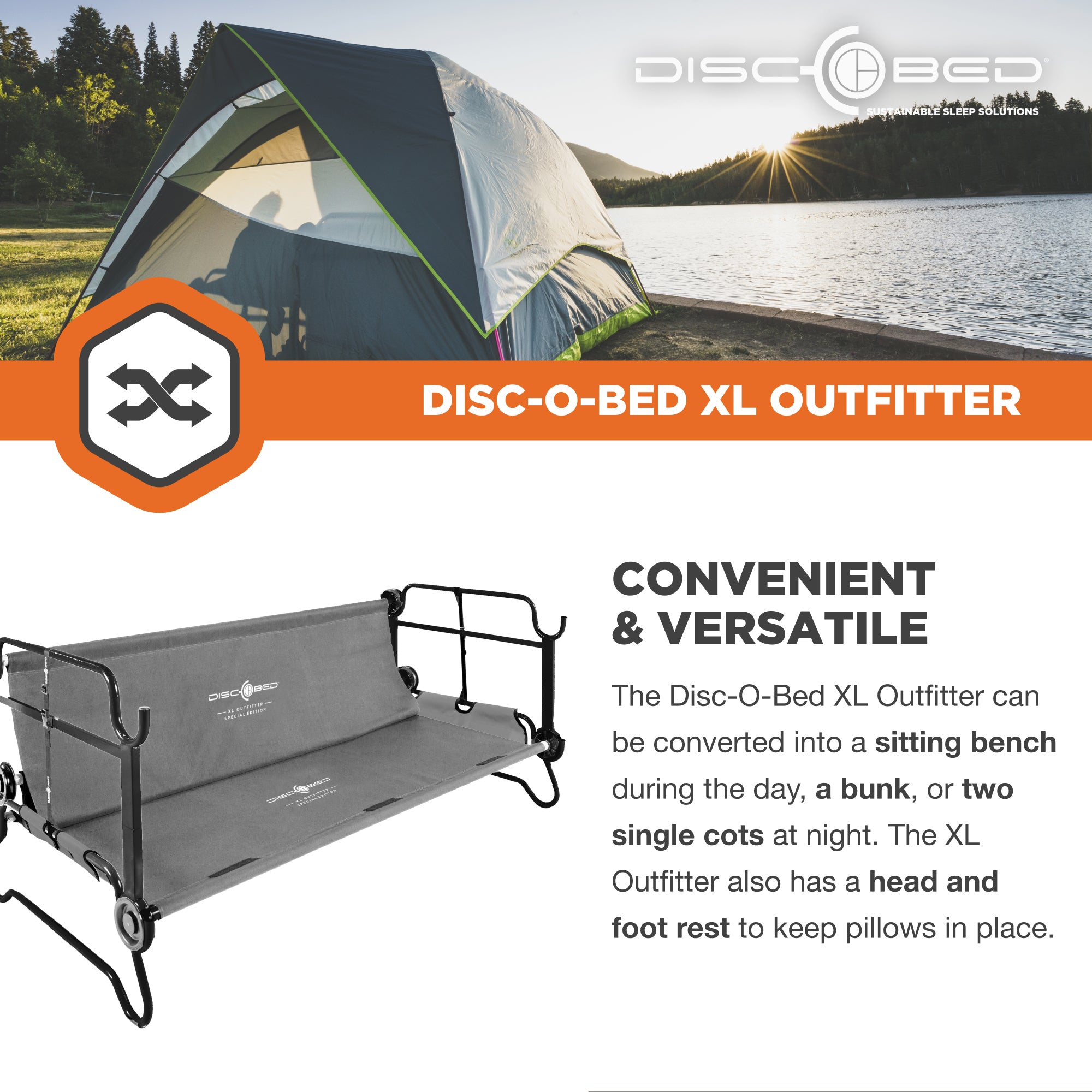 Disc-O-Bed XL Outfitter Bench Double Cot Camping Bunk with Organizers, Grey - VMInnovations