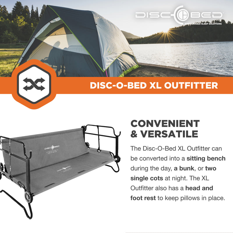 Disc-O-Bed XL Outfitter Bench Double Cot Camping Bunk with Organizers, Grey