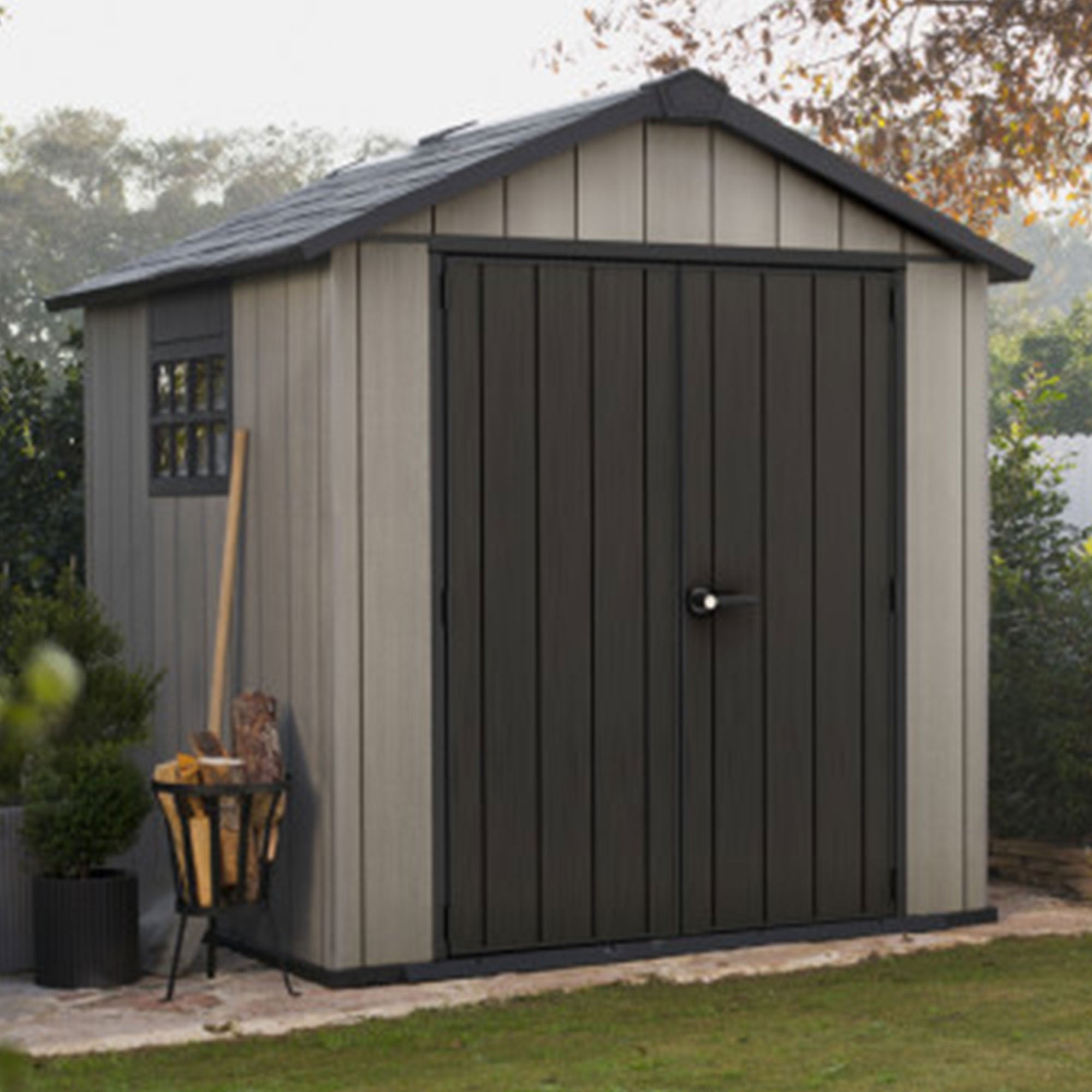 Keter Oakland 7 x 7.5 Foot Outdoor Garden Tool Storage Shed with Windows, Gray - VMInnovations